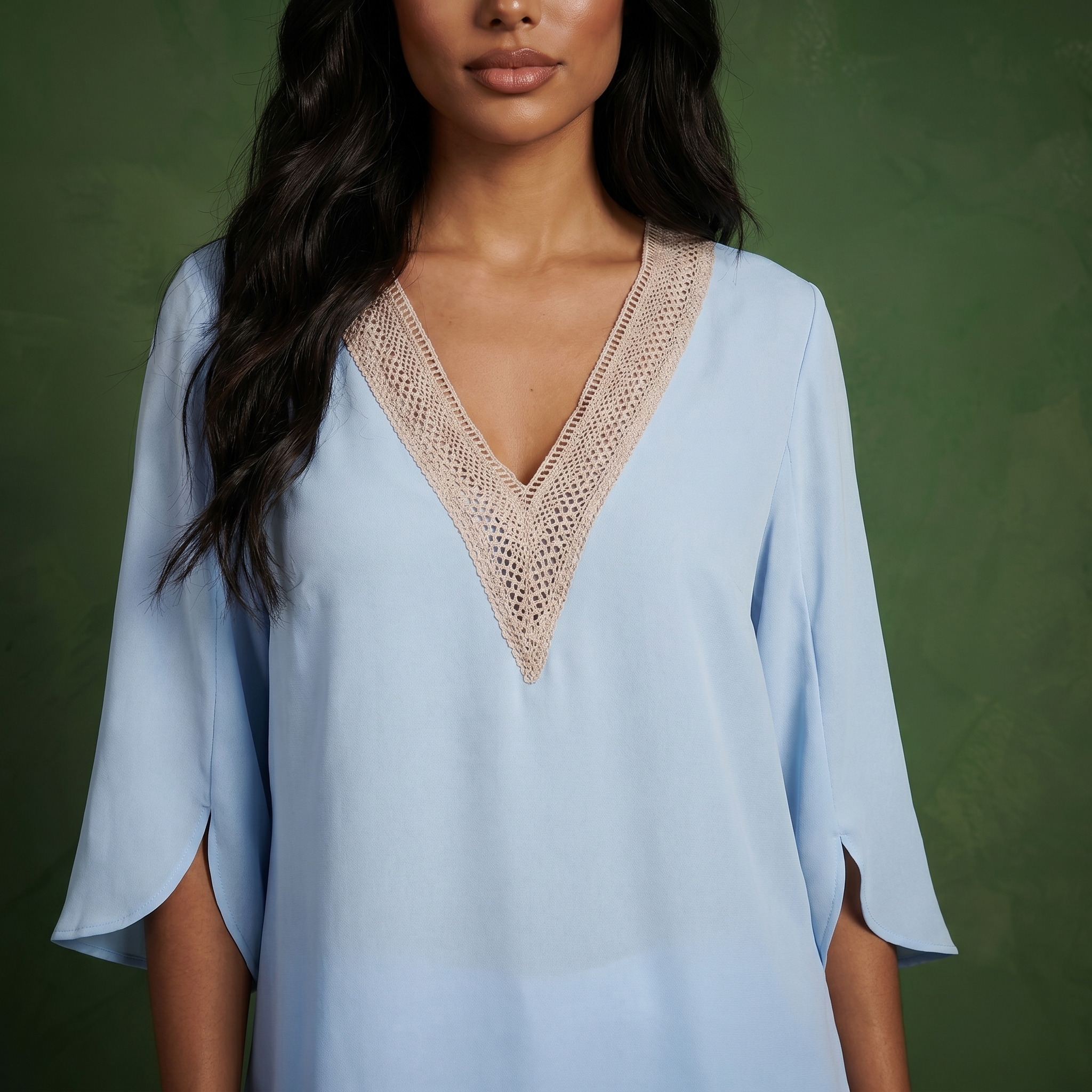 Anna-Kaci Women's Split Sleeve V-Neck Blouse with Crochet Detail