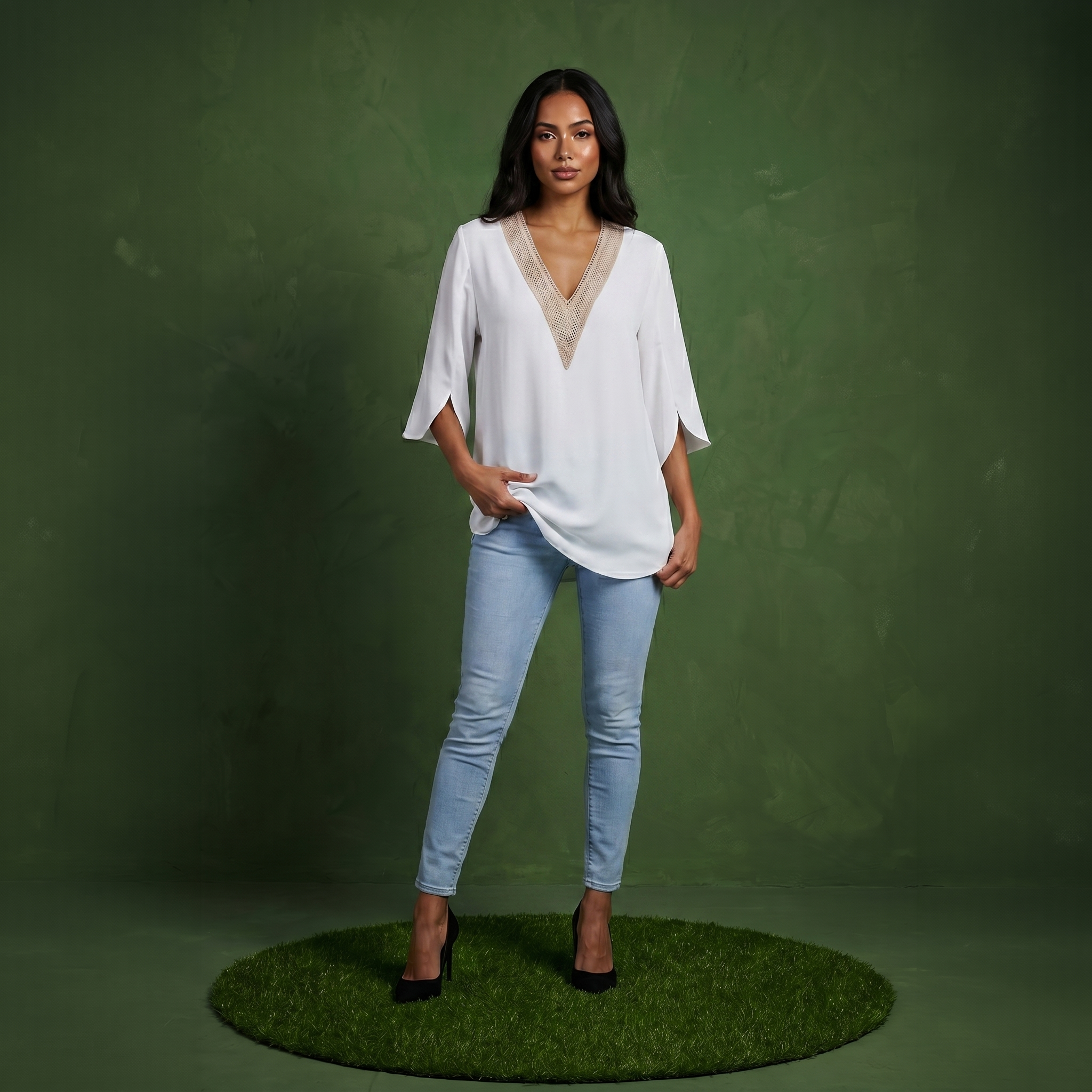 Anna-Kaci Women's Split Sleeve V-Neck Blouse with Crochet Detail