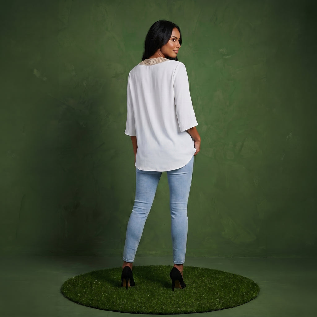 Anna-Kaci Women's Split Sleeve V-Neck Blouse with Crochet Detail