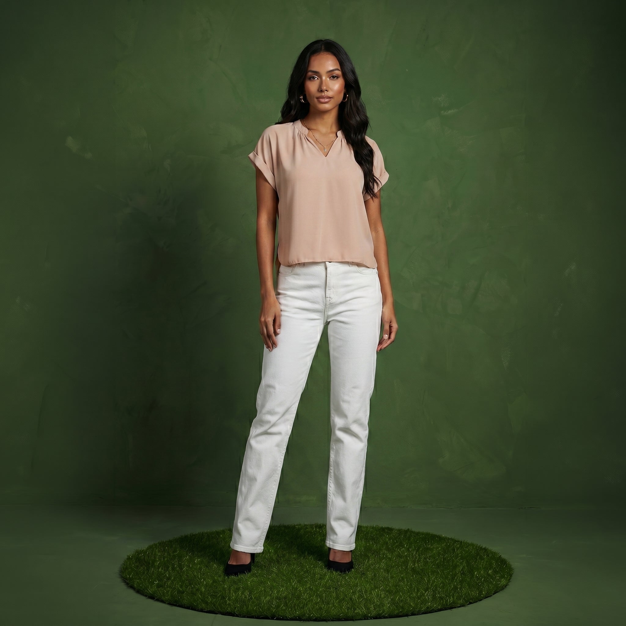 Anna-Kaci Women's Short Sleeve Blouse with Gathered V-Neckline and Rolled Cuffs