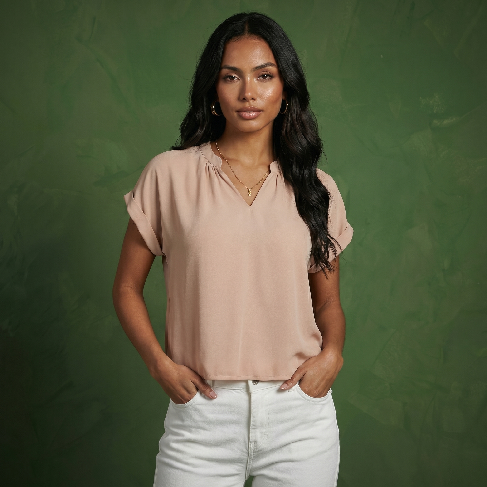Anna-Kaci Women's Short Sleeve Blouse with Gathered V-Neckline and Rolled Cuffs