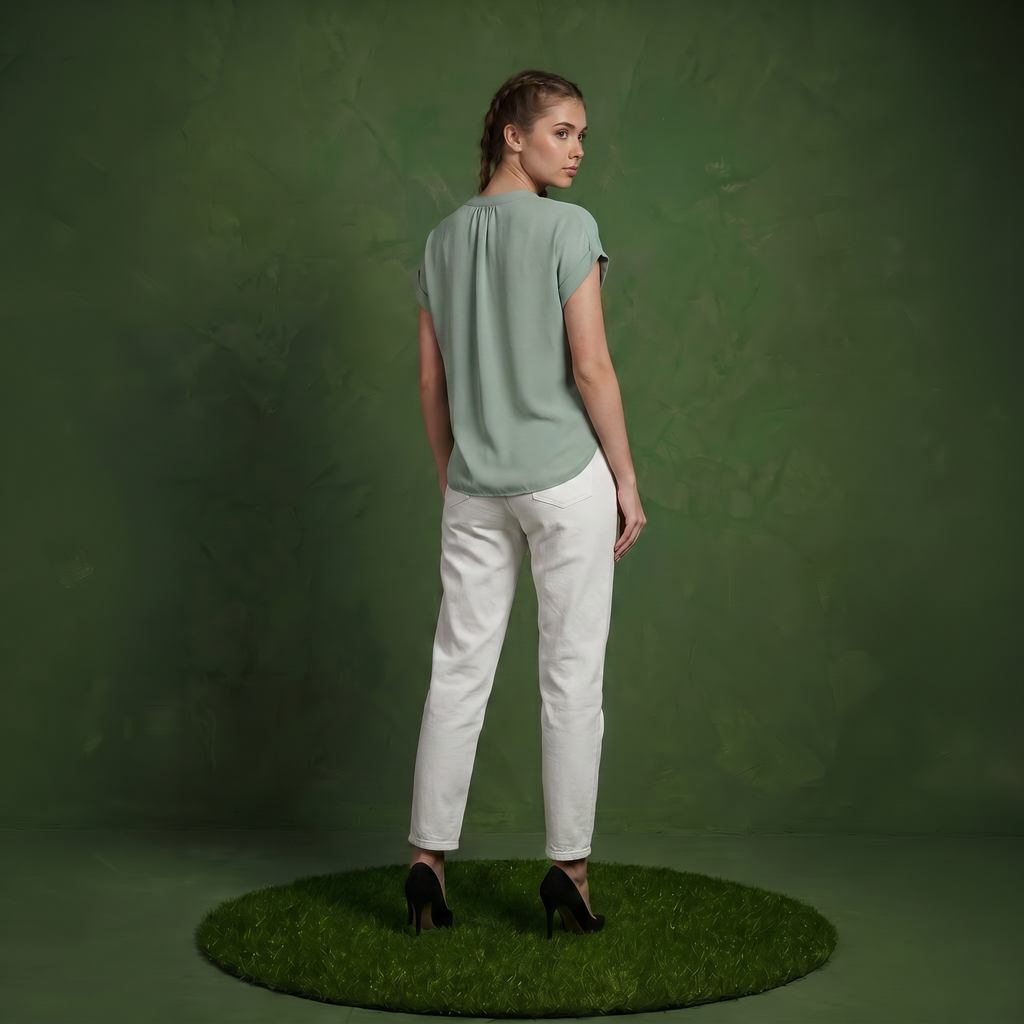 Anna-Kaci Women's Short Sleeve Blouse with Gathered V-Neckline and Rolled Cuffs