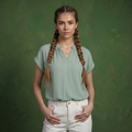 Anna-Kaci Women's Short Sleeve Blouse with Gathered V-Neckline and Rolled Cuffs