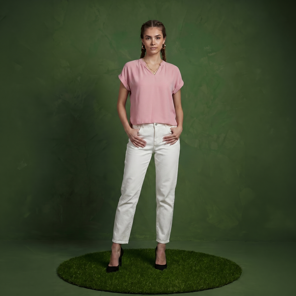 Anna-Kaci Women's Short Sleeve Blouse with Gathered V-Neckline and Rolled Cuffs