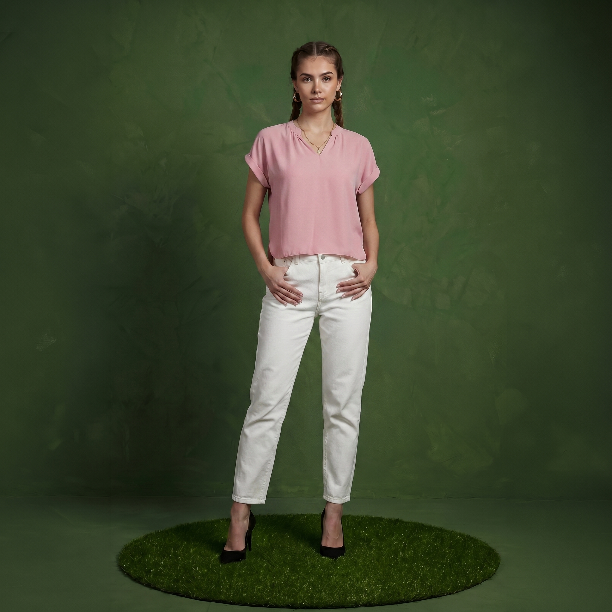 Anna-Kaci Women's Short Sleeve Blouse with Gathered V-Neckline and Rolled Cuffs