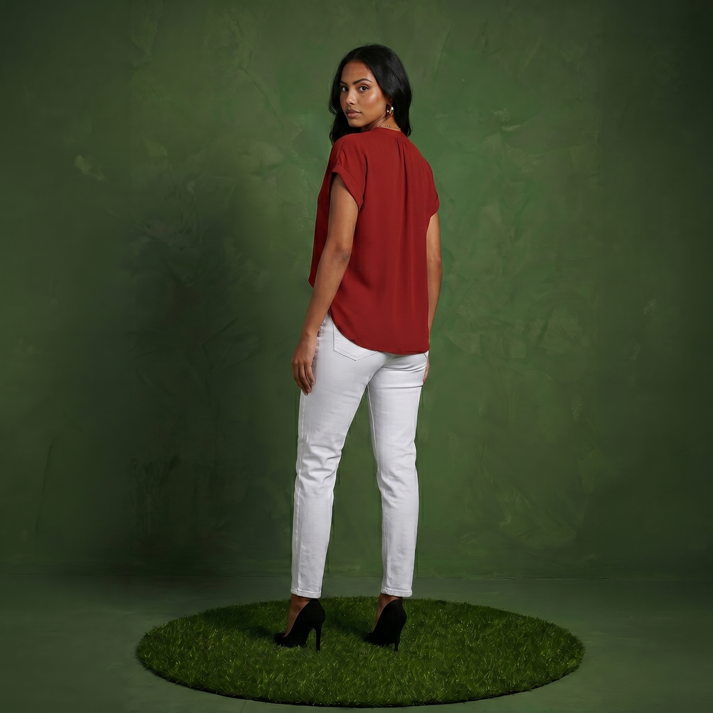 Anna-Kaci Women's Short Sleeve Blouse with Gathered V-Neckline and Rolled Cuffs