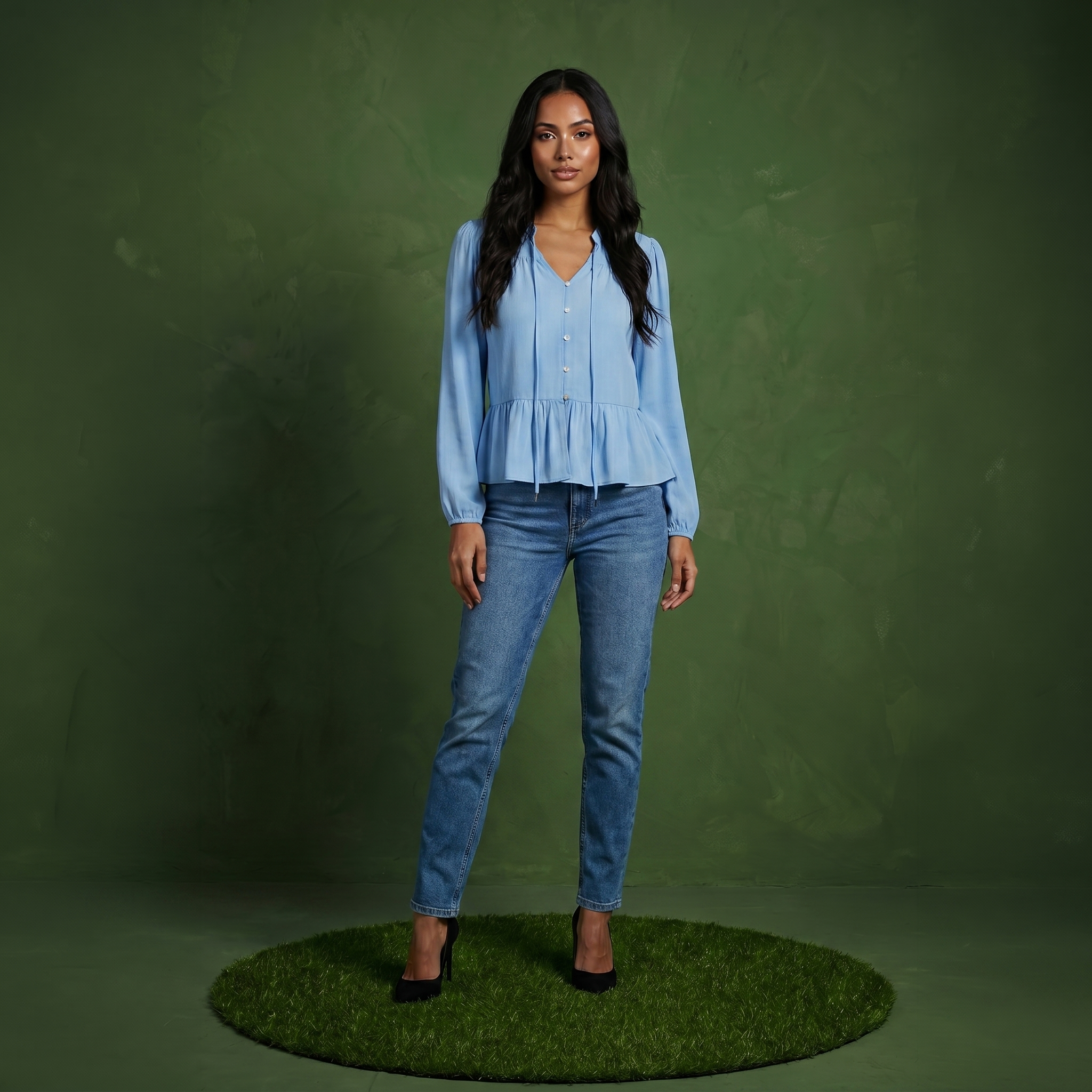 Anna-Kaci Women's Long Sleeve Button Front Peplum Blouse with V-Neckline and Gathered Waist Detail