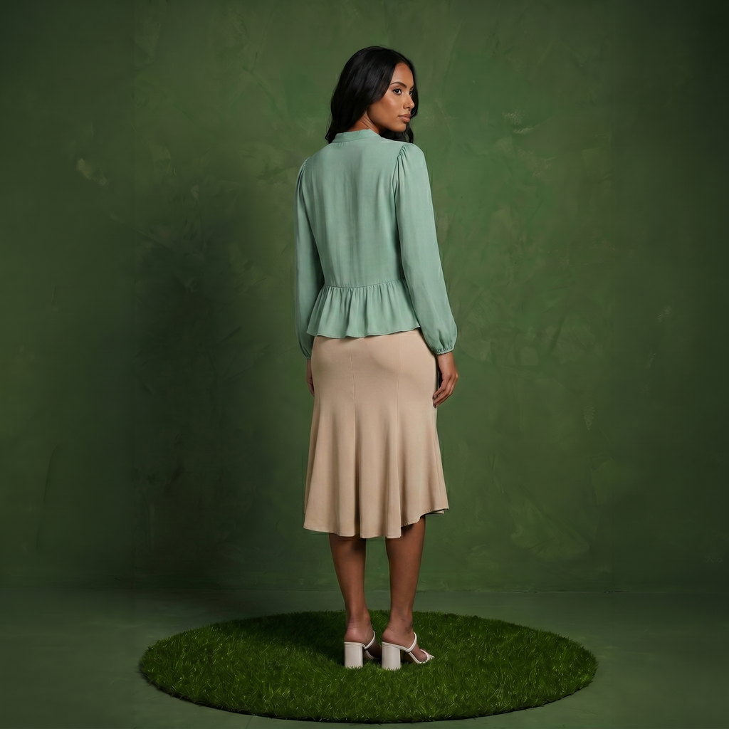 Anna-Kaci Women's Long Sleeve Button Front Peplum Blouse with V-Neckline and Gathered Waist Detail