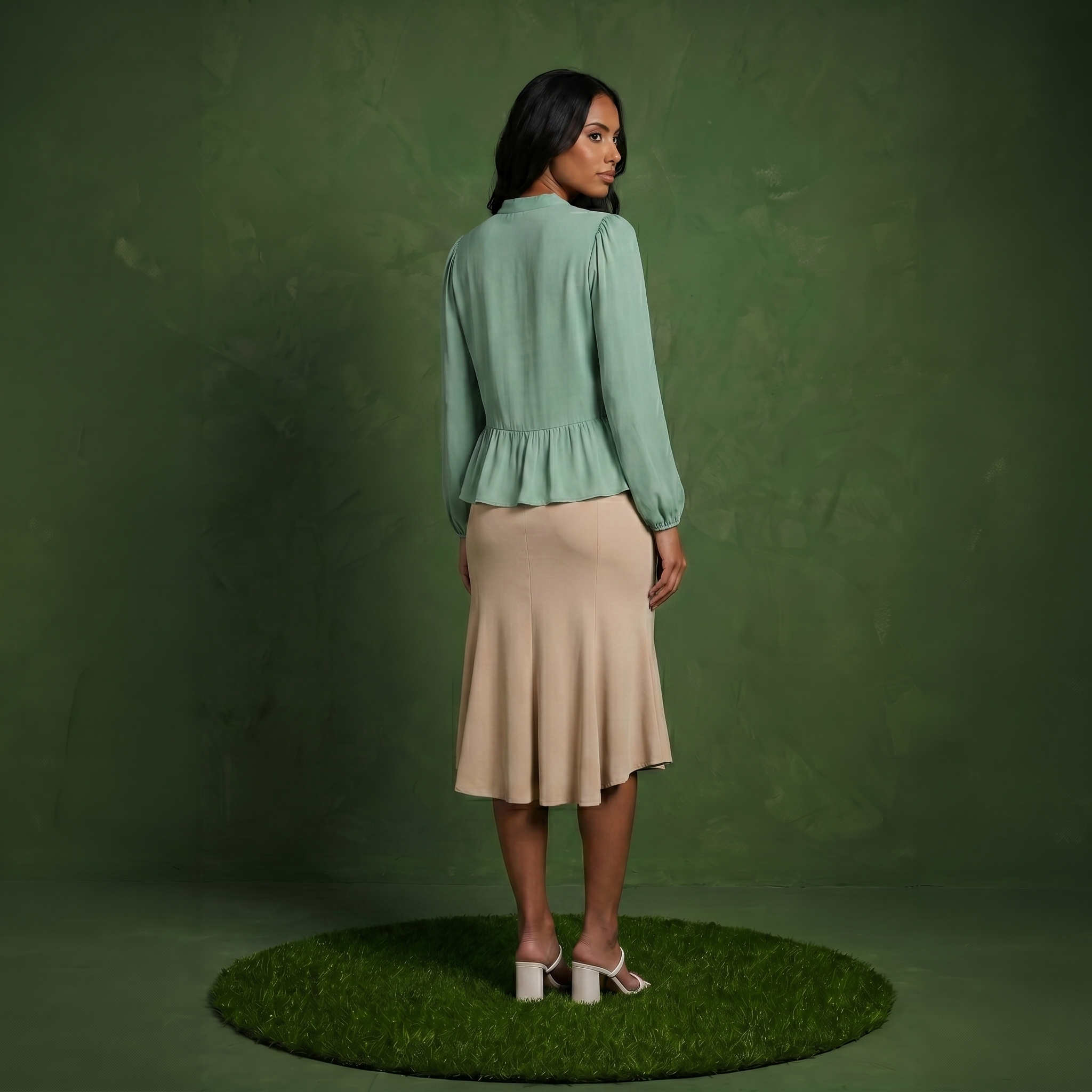 Anna-Kaci Women's Long Sleeve Button Front Peplum Blouse with V-Neckline and Gathered Waist Detail