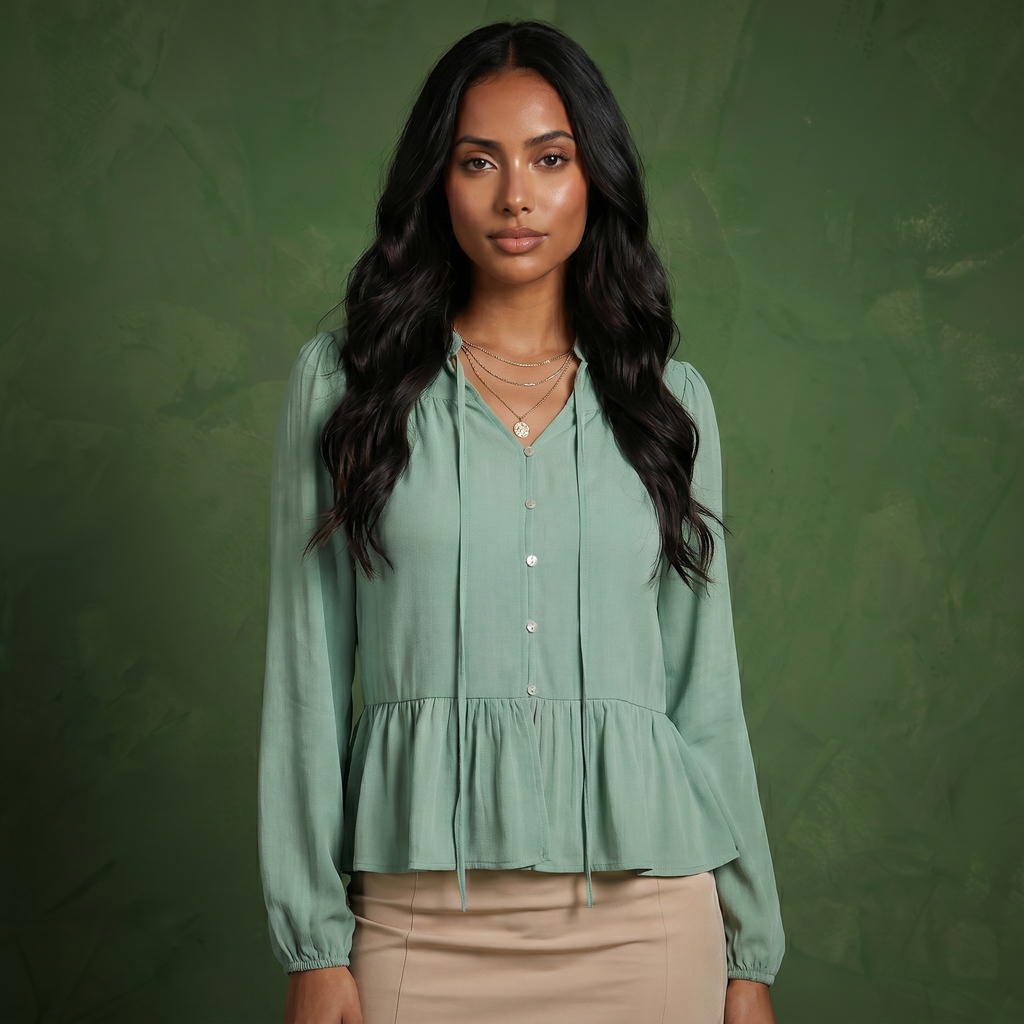 Beige women's blouse with denim, long sleeve and v neck