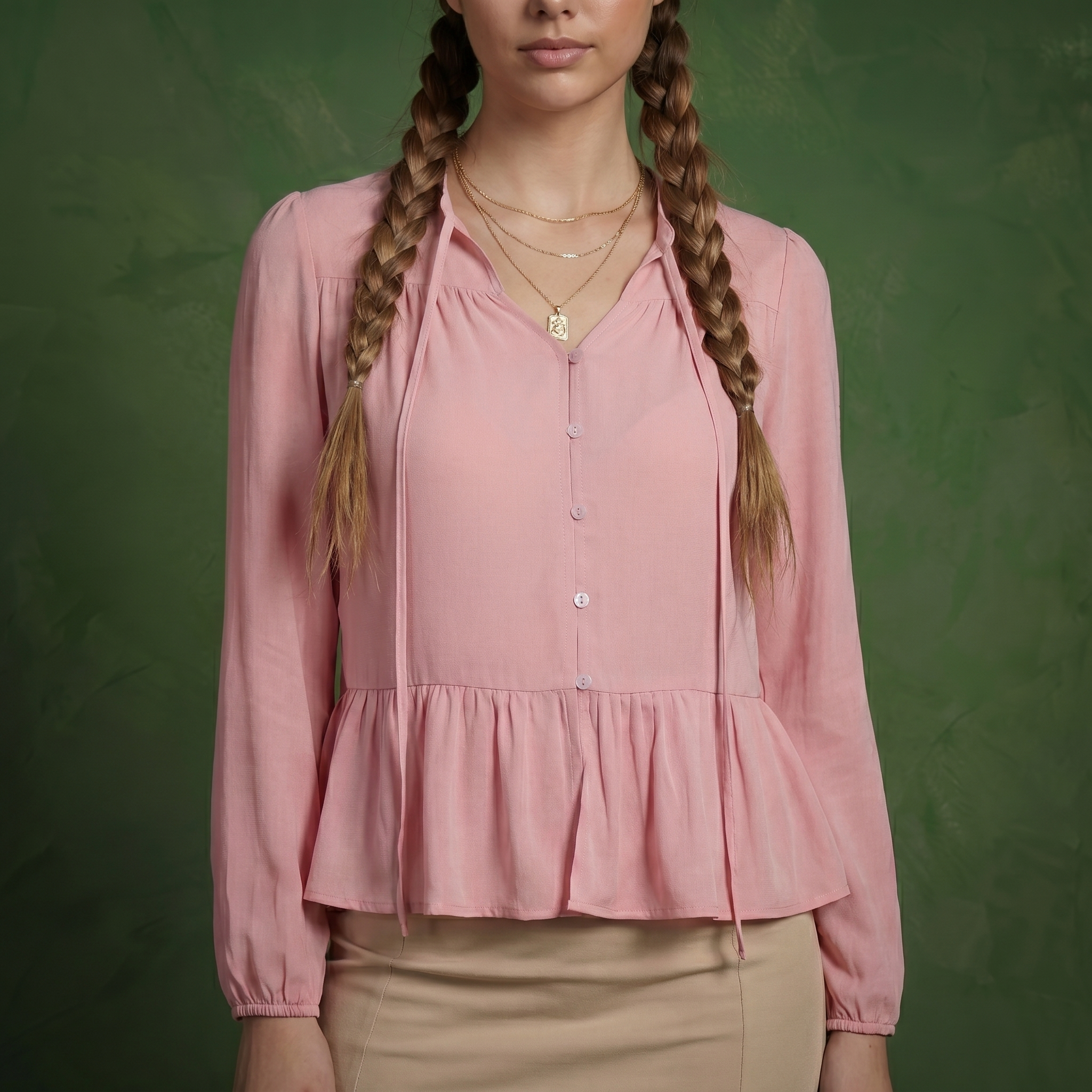 Anna-Kaci Women's Long Sleeve Button Front Peplum Blouse with V-Neckline and Gathered Waist Detail