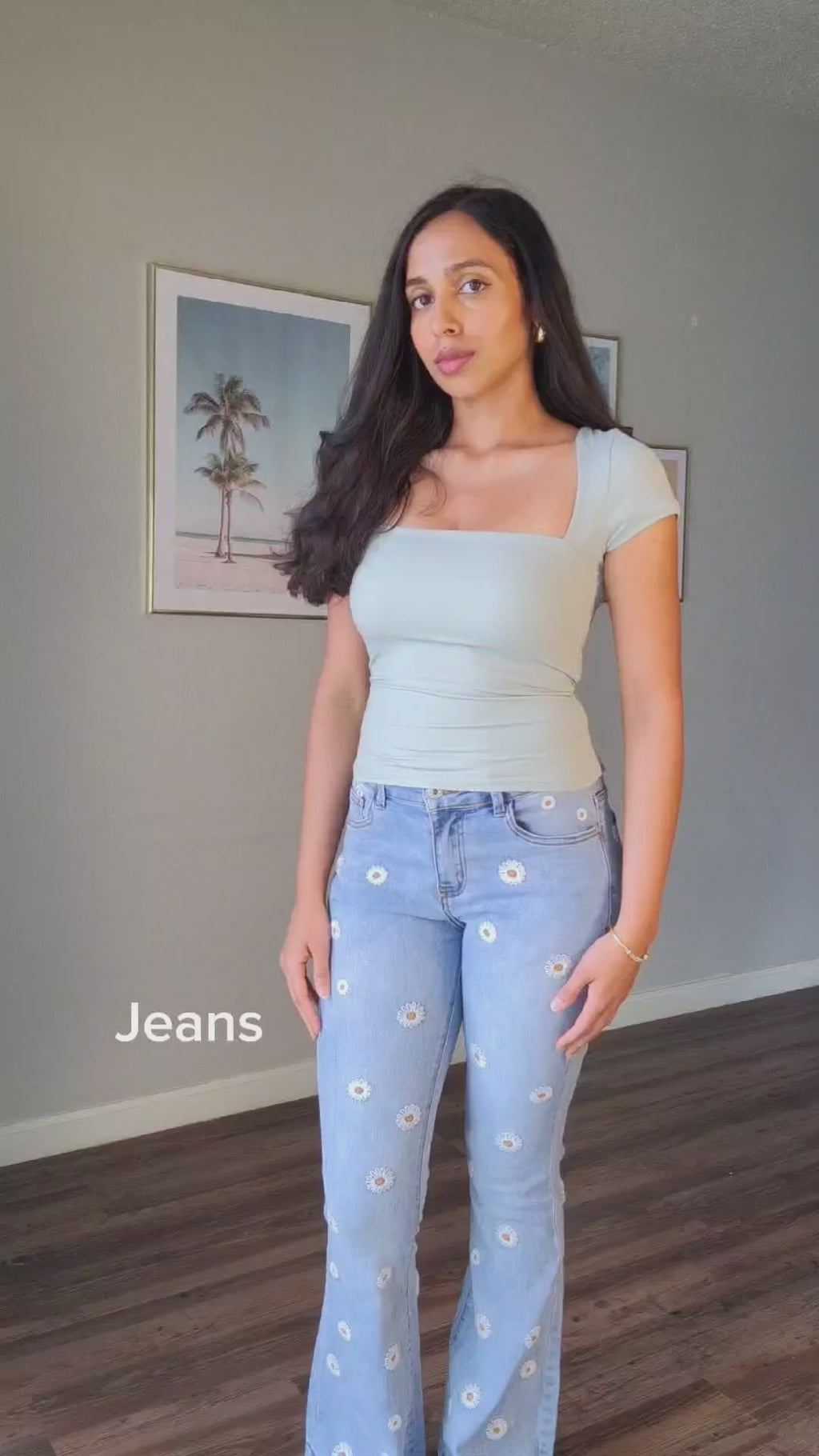 Floral Daisy Embroidered Mid Rise Bell Bottom Jeans