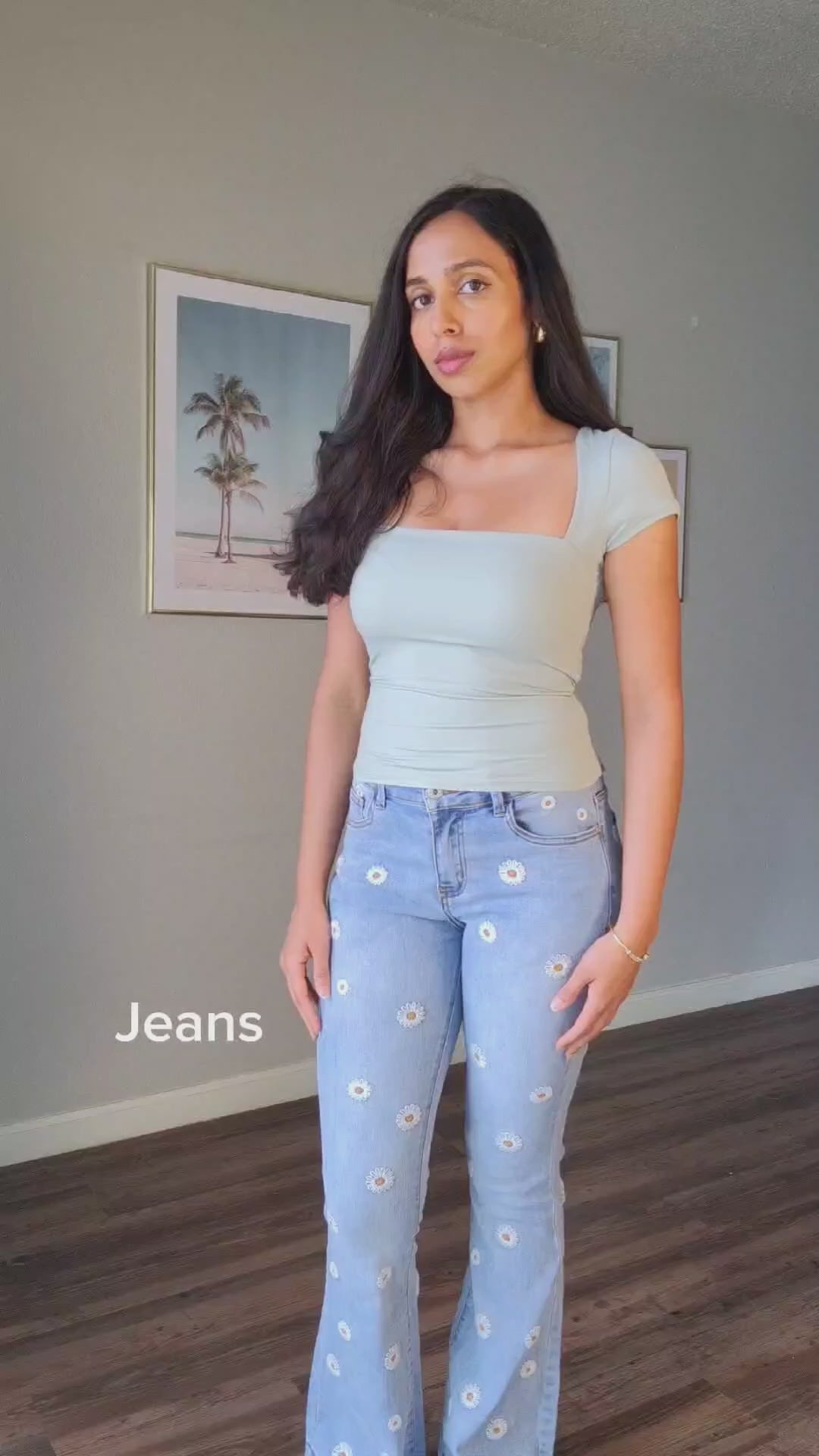 Floral Daisy Embroidered Mid Rise Bell Bottom Jeans