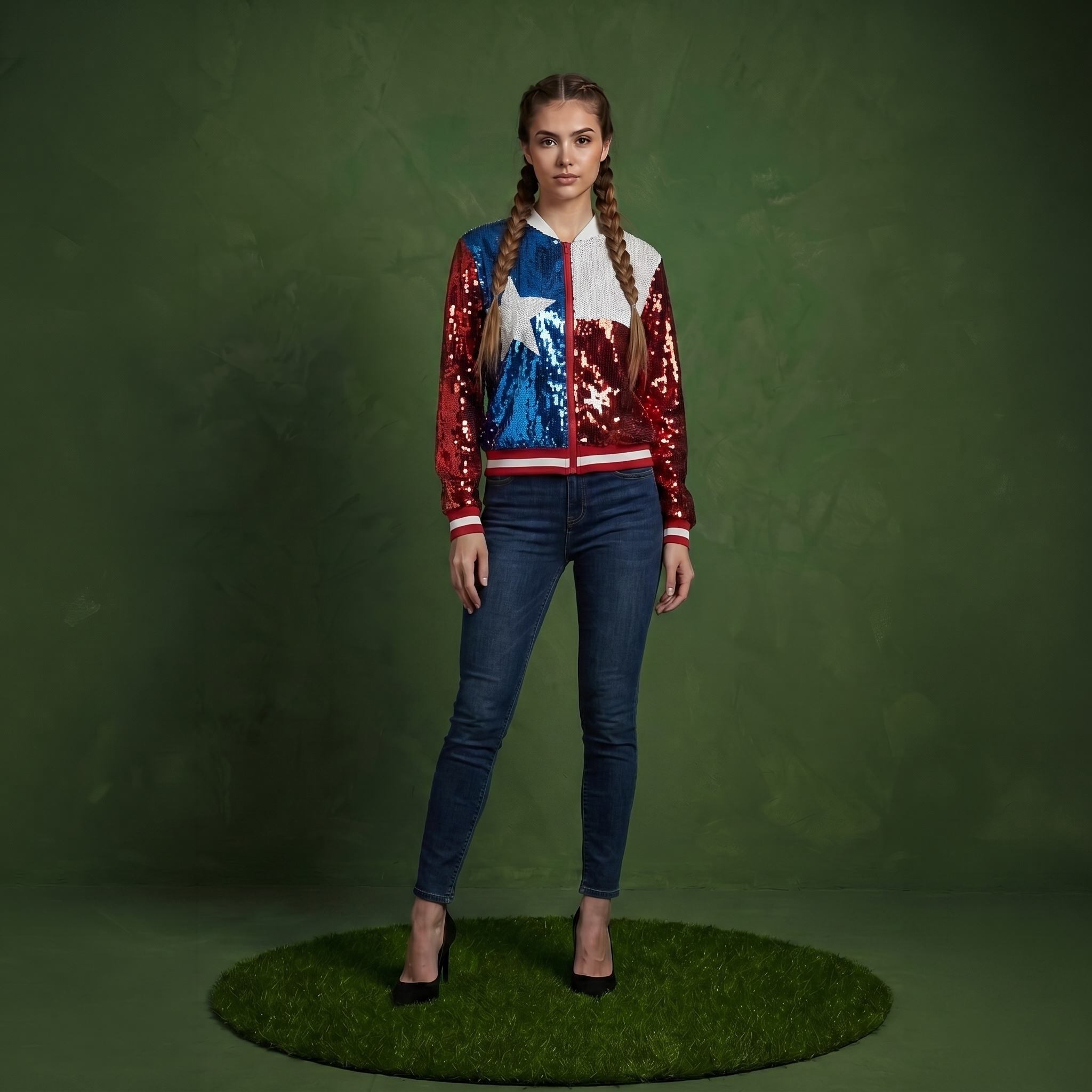 Sequin American Flag Bomber Zip-Up Jacket Flag