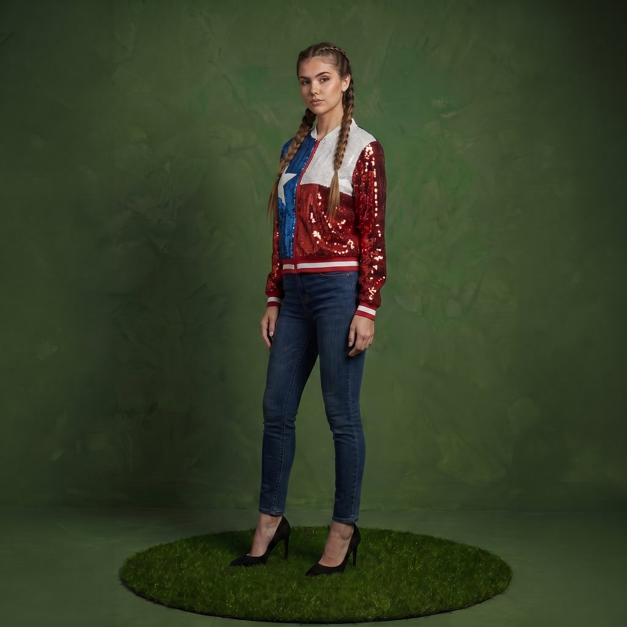 Sequin American Flag Bomber Zip-Up Jacket Flag