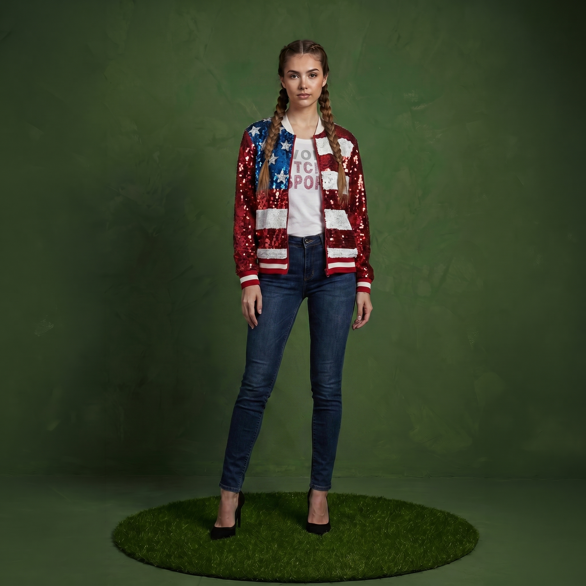 Sequin American Flag Bomber Zip-Up Jacket Flag
