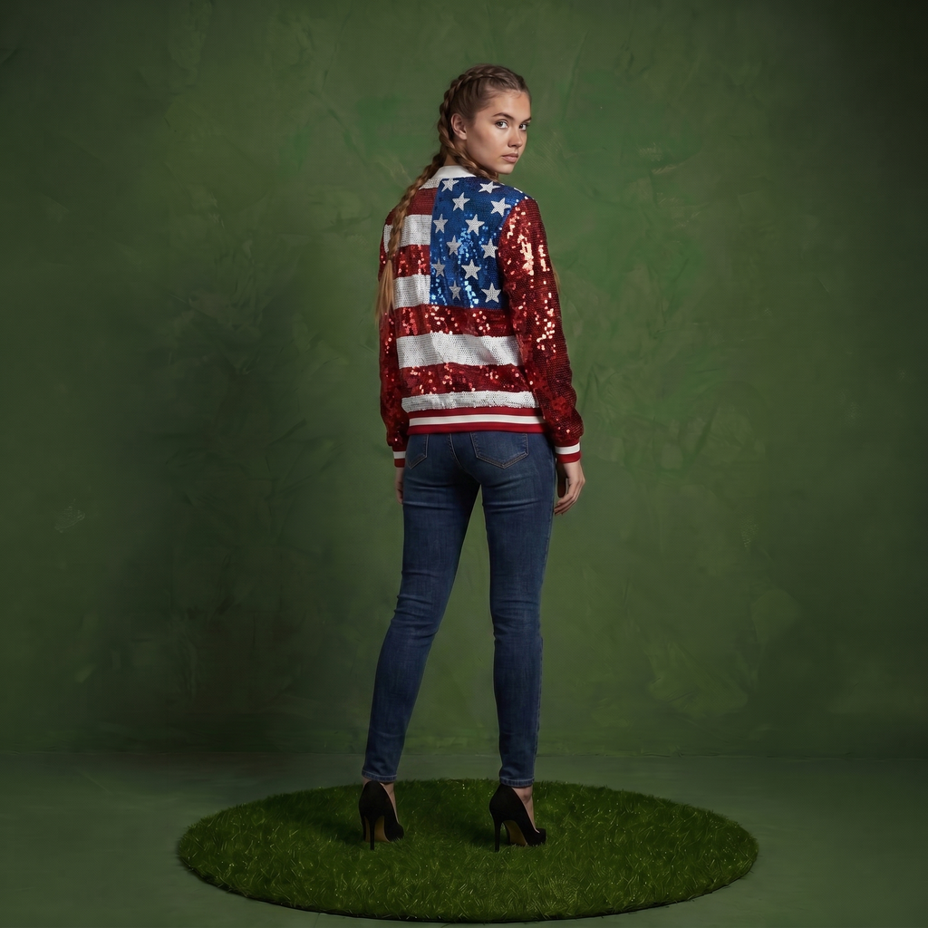 Sequin American Flag Bomber Zip-Up Jacket Flag