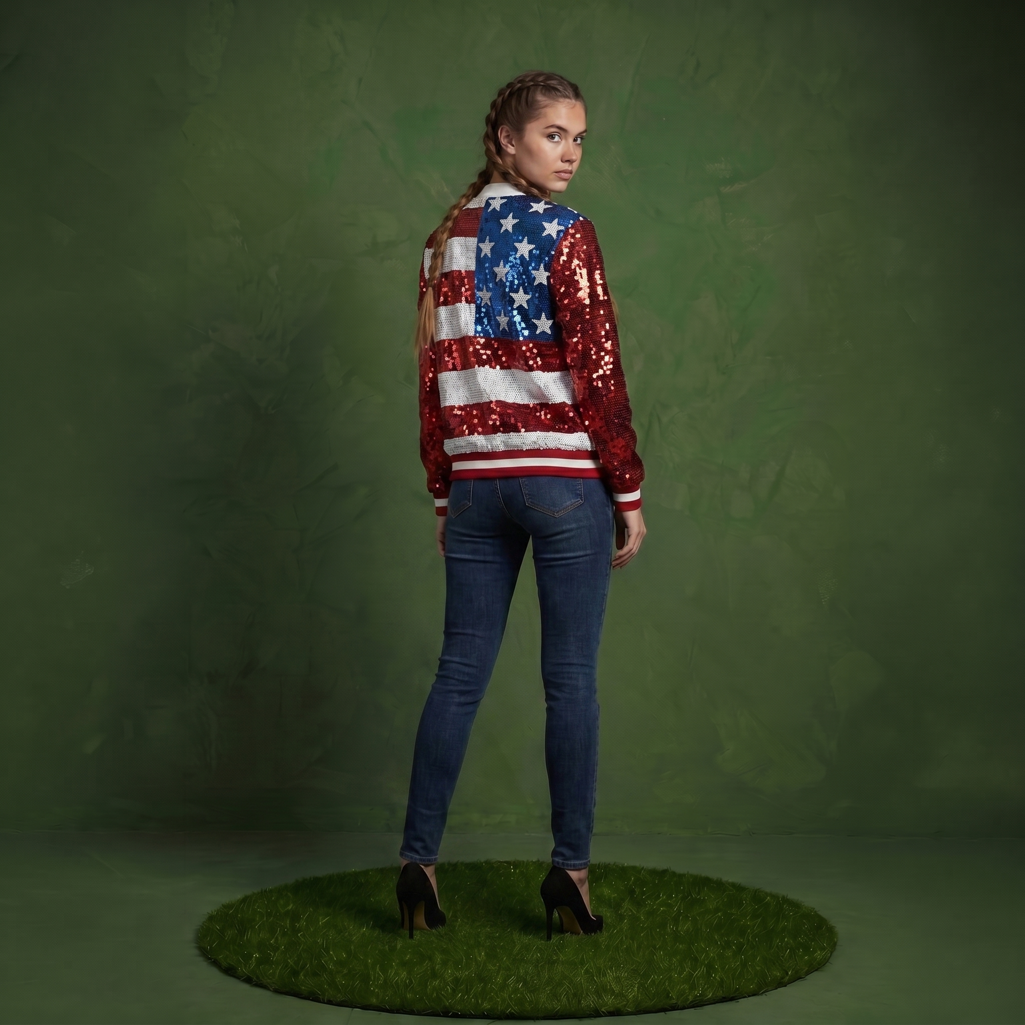 Sequin American Flag Bomber Zip-Up Jacket Flag