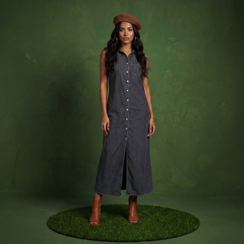 Classic Button-Down Collar Denim Shirt Dress