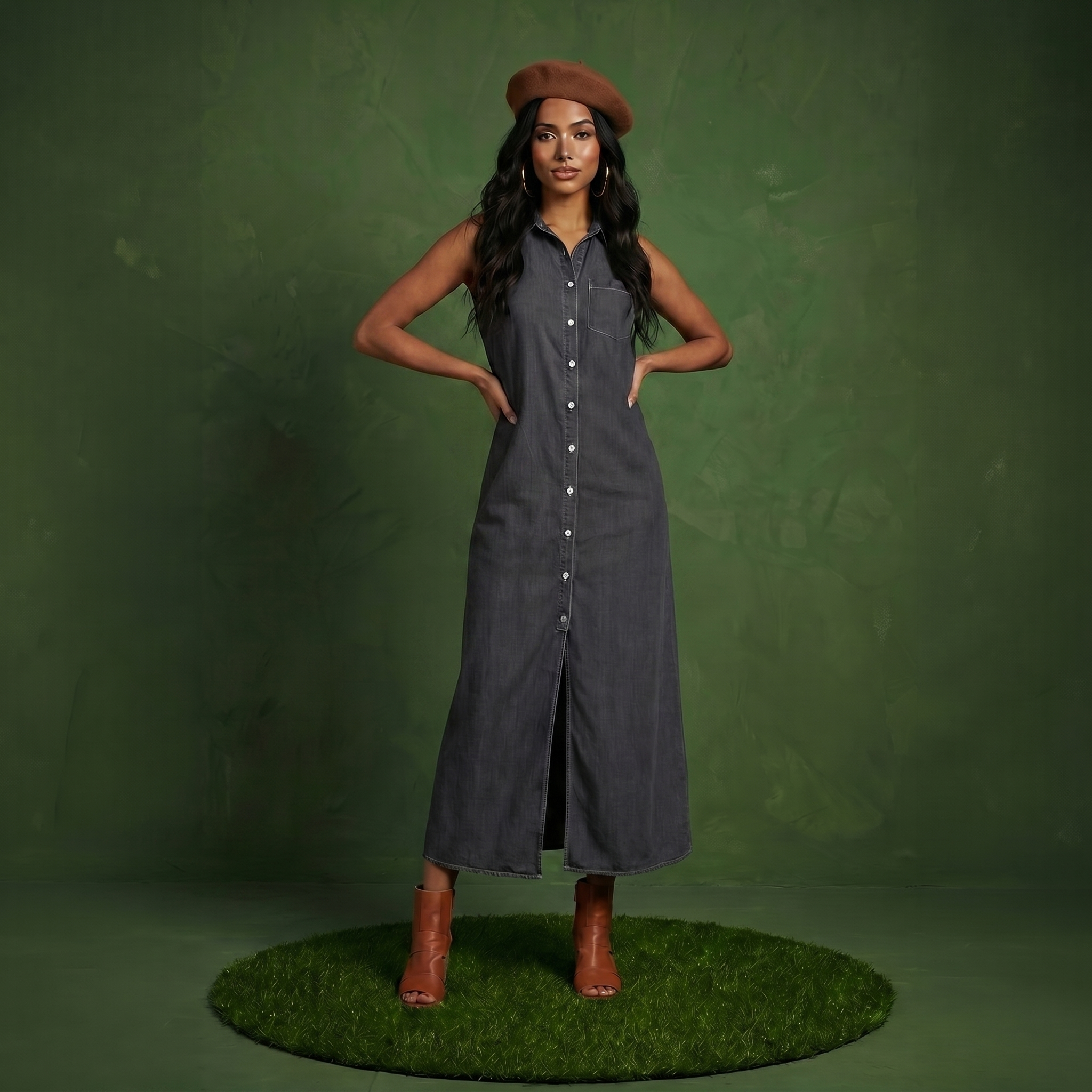 Classic Button-Down Collar Denim Shirt Dress