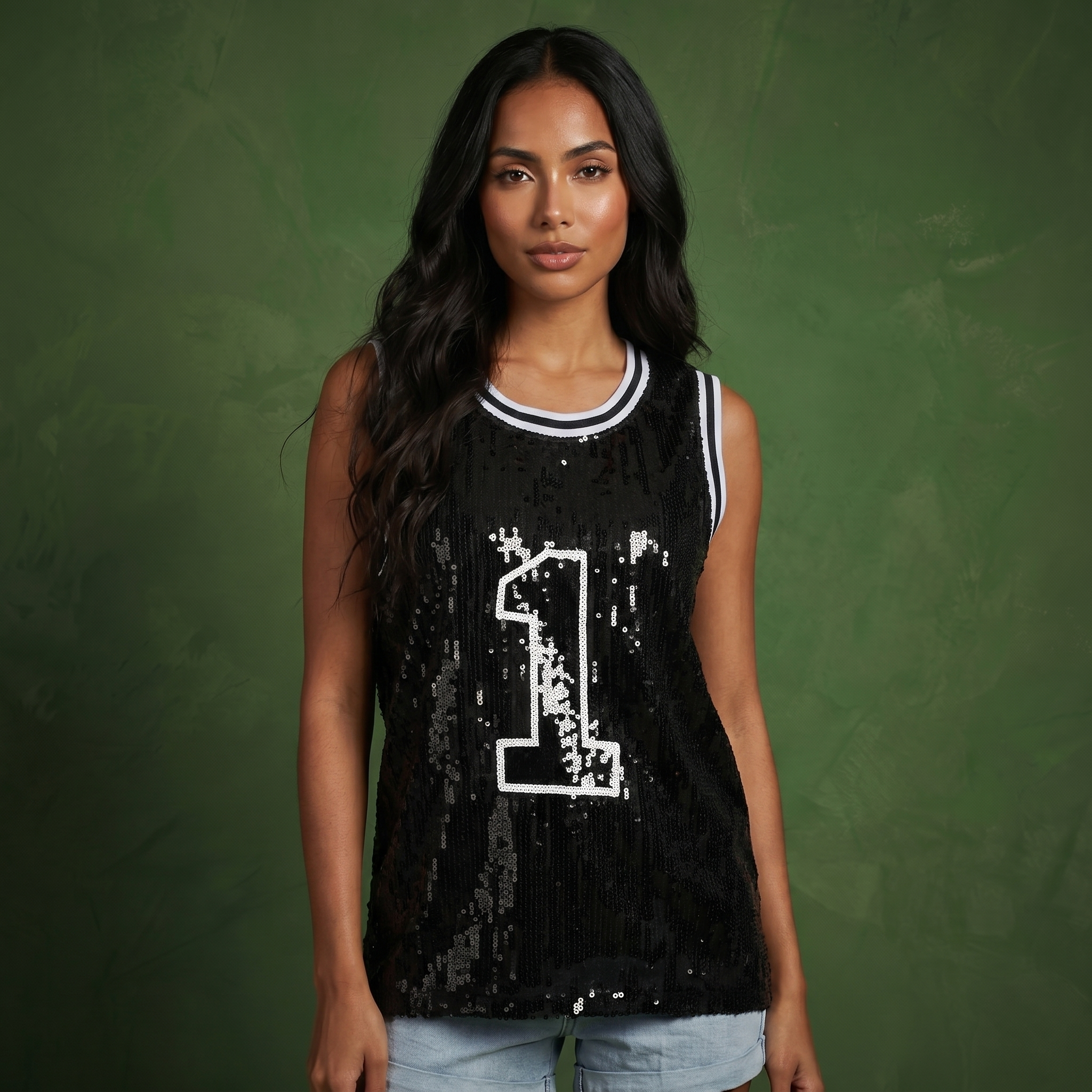 Sparkle Glitter Hip Hop Number 1 T-Shirt Top Blouse Tunic Sequins Basketball Tank Vests