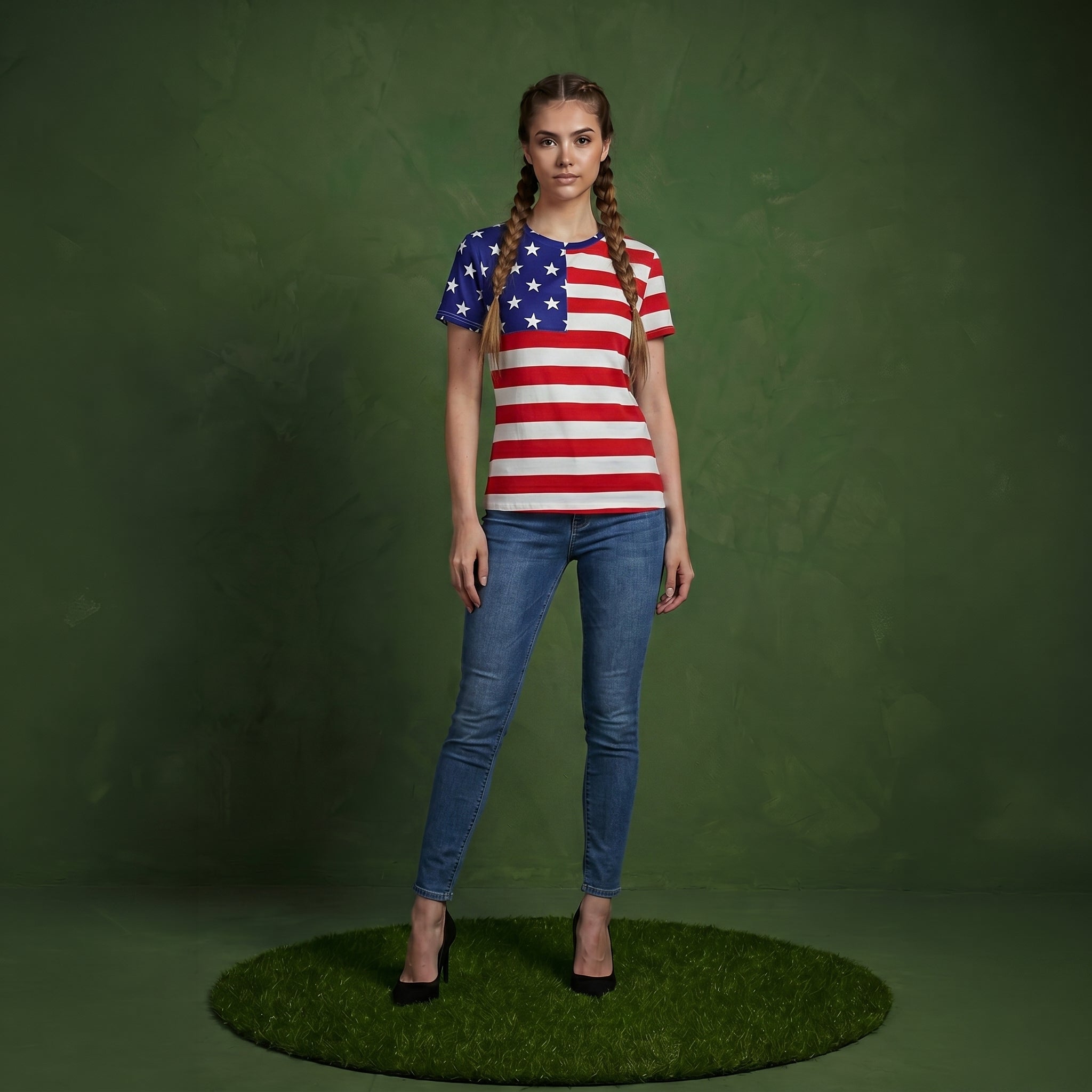 Round Neck American Flag Top July of 4th USA Patriotic T-Shirt Blouse