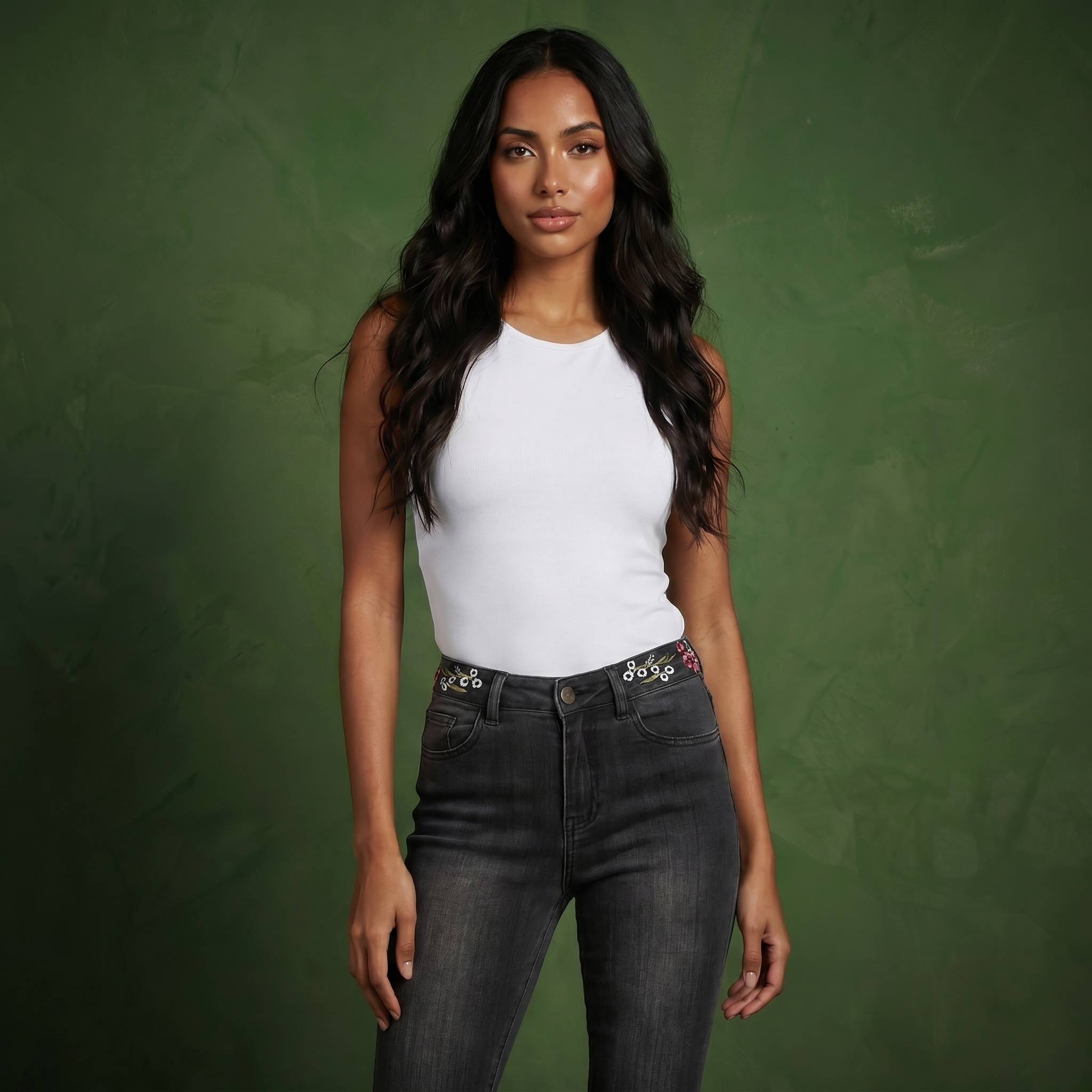 Floral Daisy Embroidered Mid Rise Bell Bottom Jeans