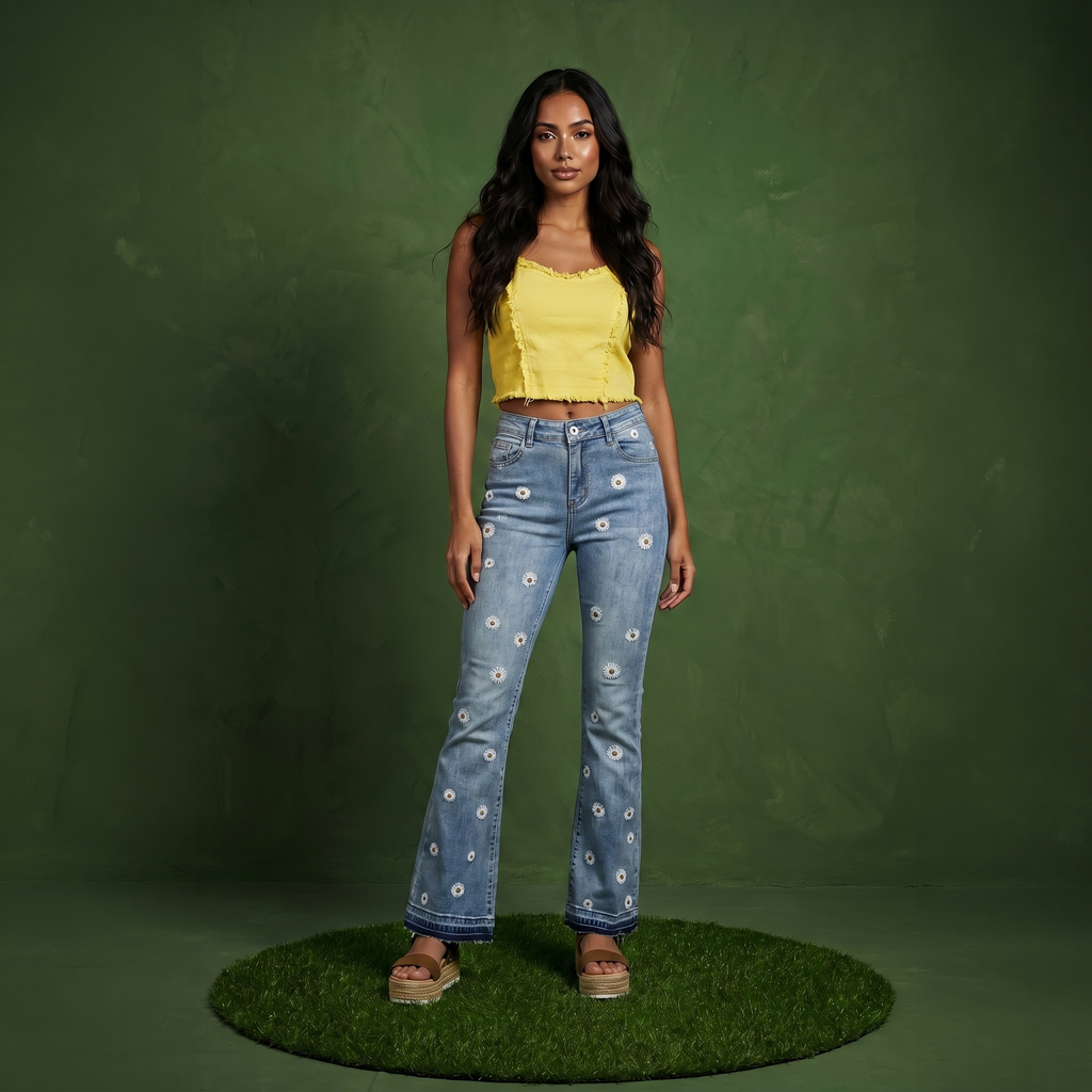 Floral Daisy Embroidered Mid Rise Bell Bottom Jeans
