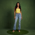 Floral Daisy Embroidered Mid Rise Bell Bottom Jeans
