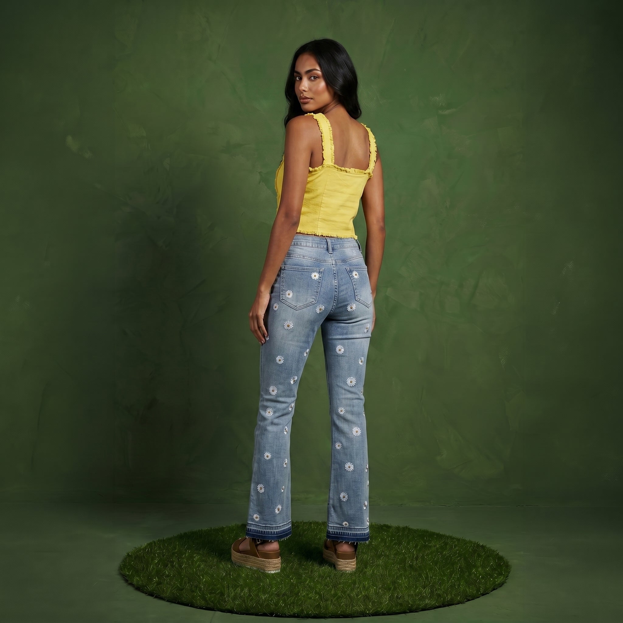 Daisy Embroidered Mid Rise Bell Bottom Jeans | Anna-Kaci