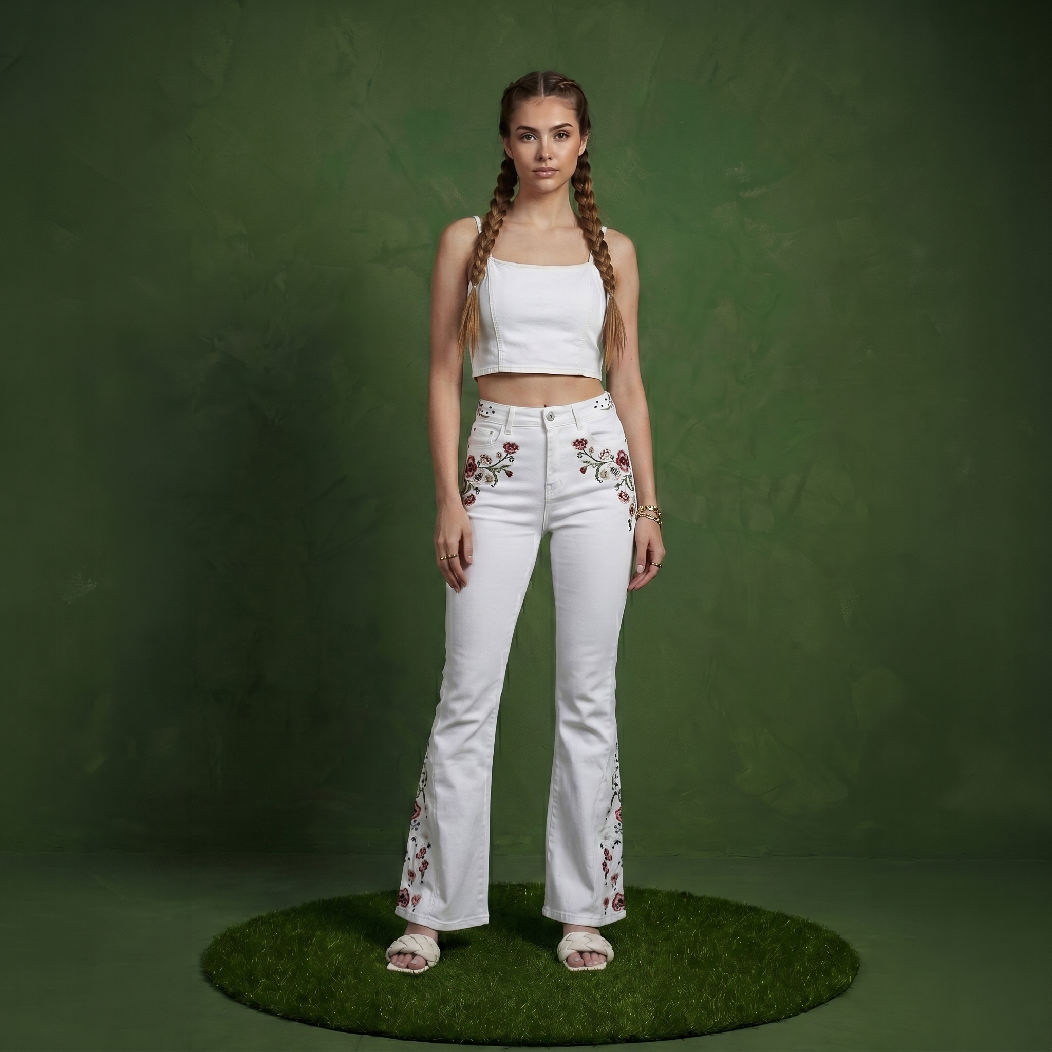 Floral Daisy Embroidered Mid Rise Bell Bottom Jeans