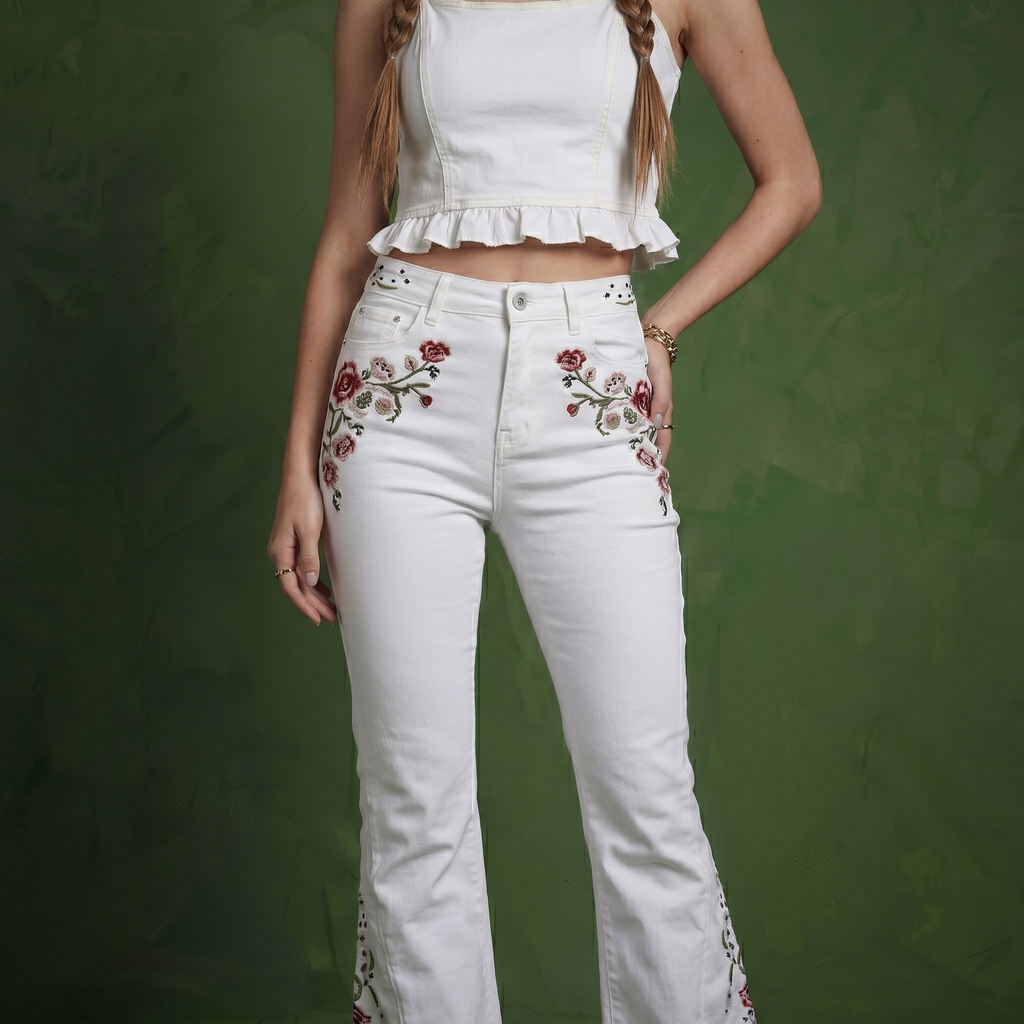 Floral Daisy Embroidered Mid Rise Bell Bottom Jeans