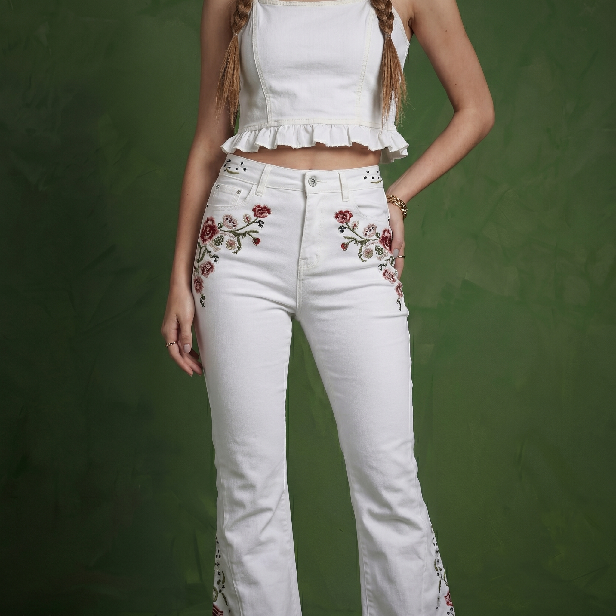 Floral Daisy Embroidered Mid Rise Bell Bottom Jeans