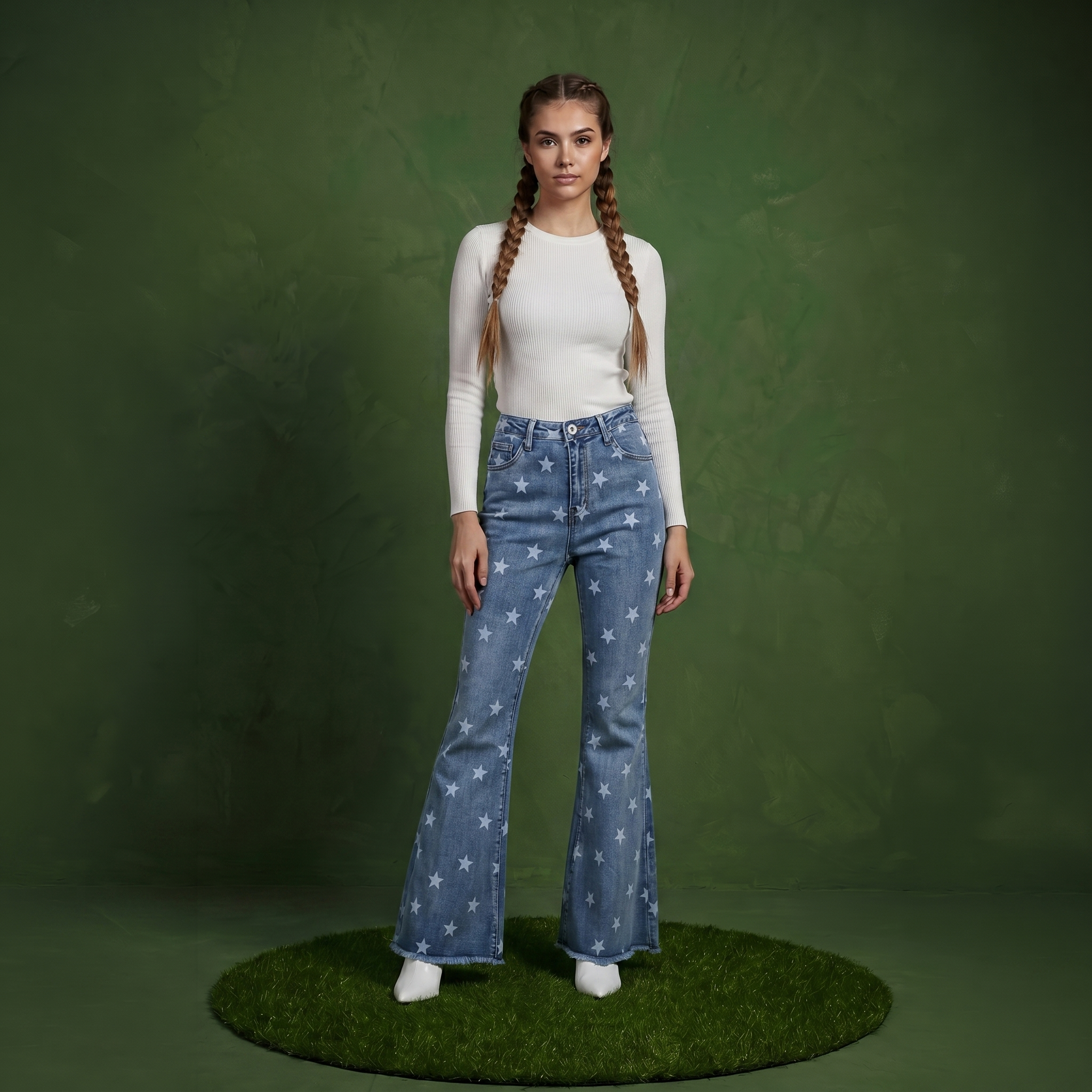 Floral Daisy Embroidered Mid Rise Bell Bottom Jeans