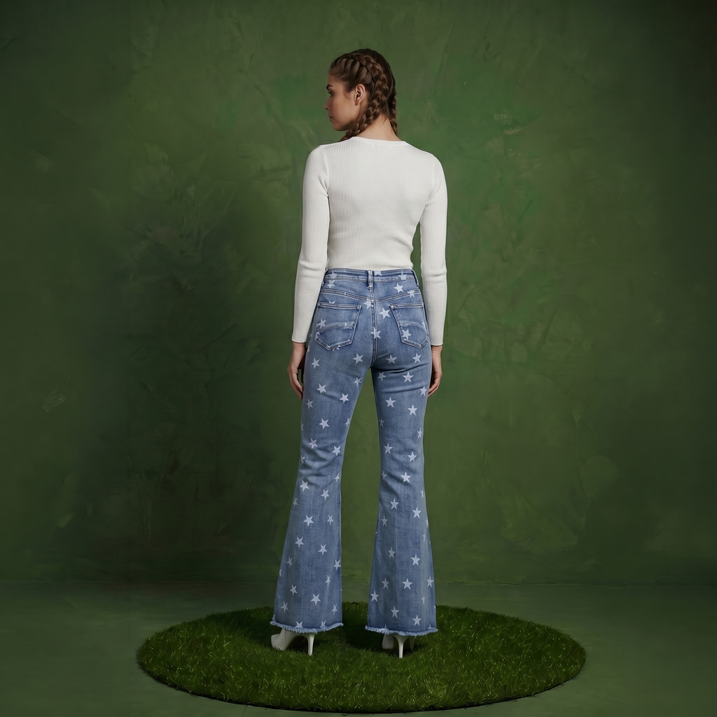 Floral Daisy Embroidered Mid Rise Bell Bottom Jeans