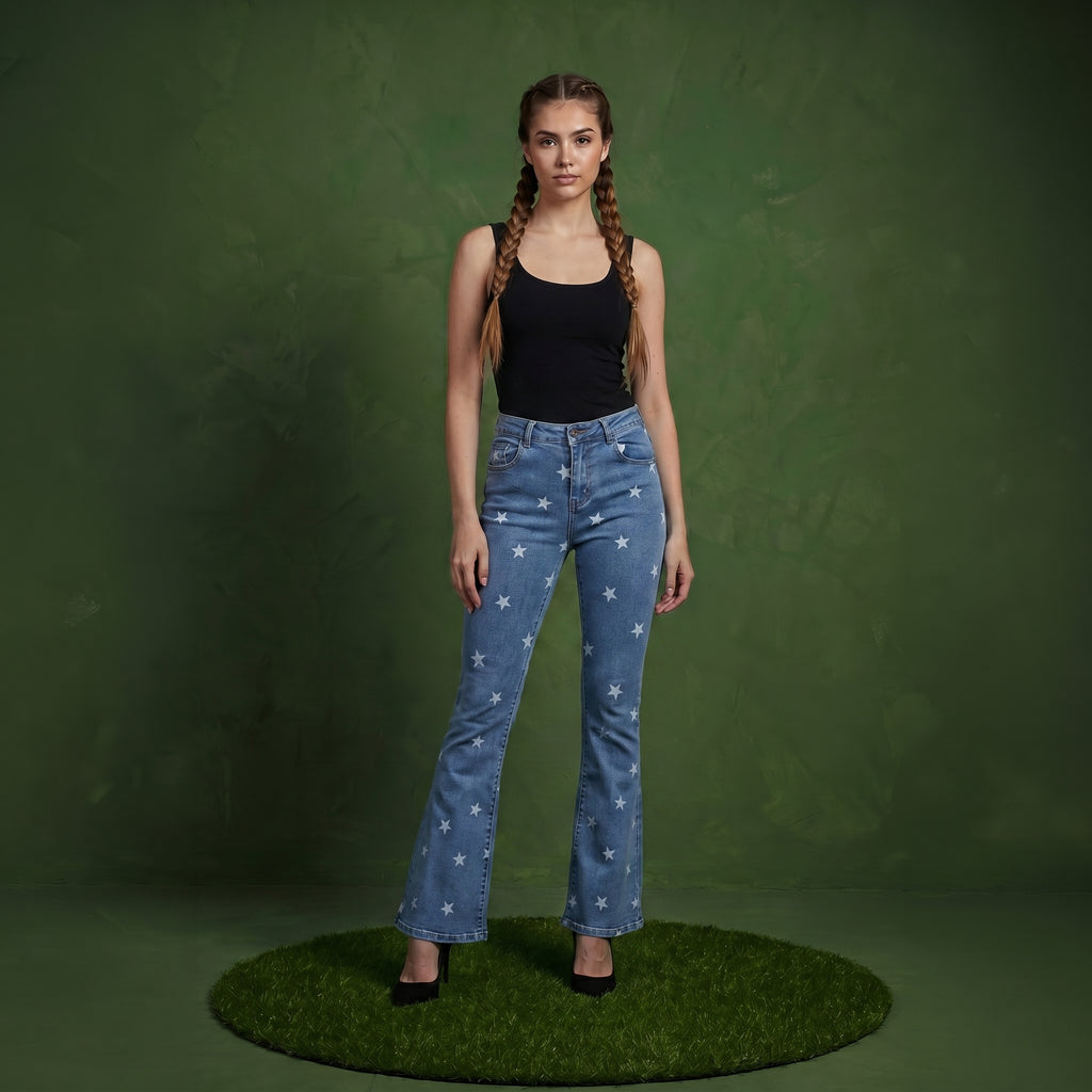 Floral Daisy Embroidered Mid Rise Bell Bottom Jeans