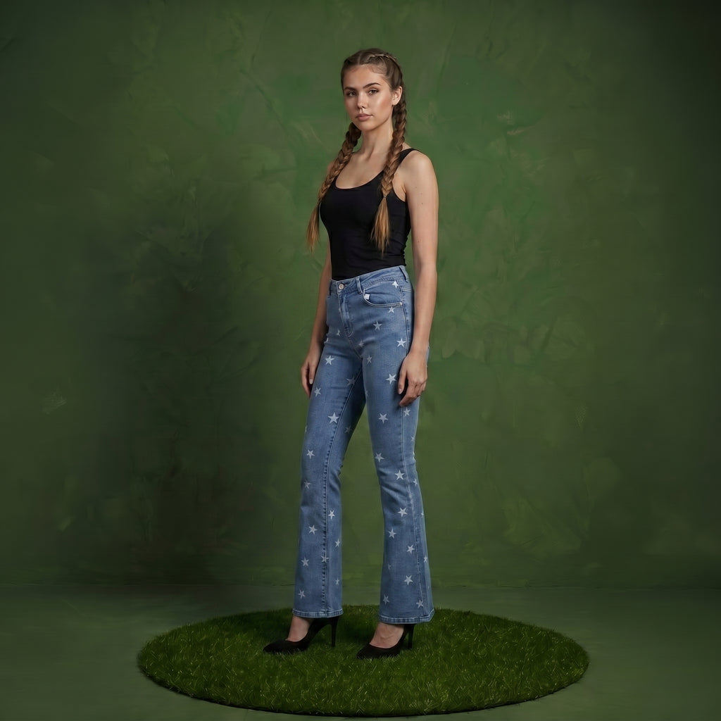 Floral Daisy Embroidered Mid Rise Bell Bottom Jeans