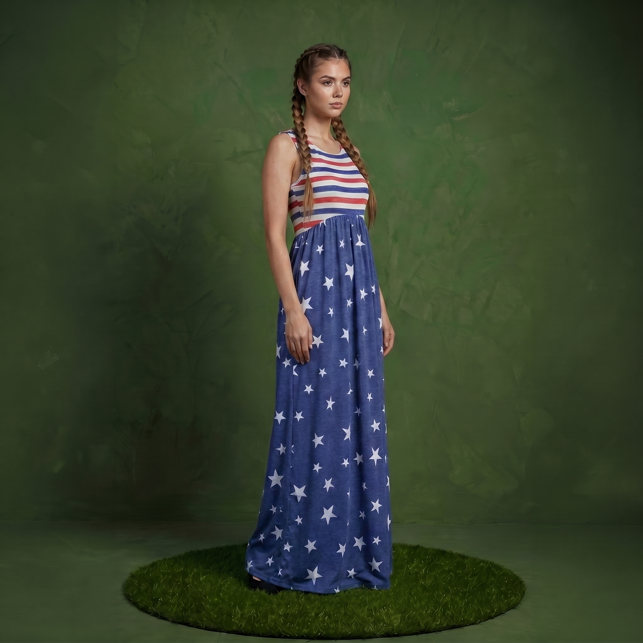 4th of July American Flag Dress Sleeveless Stars Stripes Summer Maxi Dress with Pockets