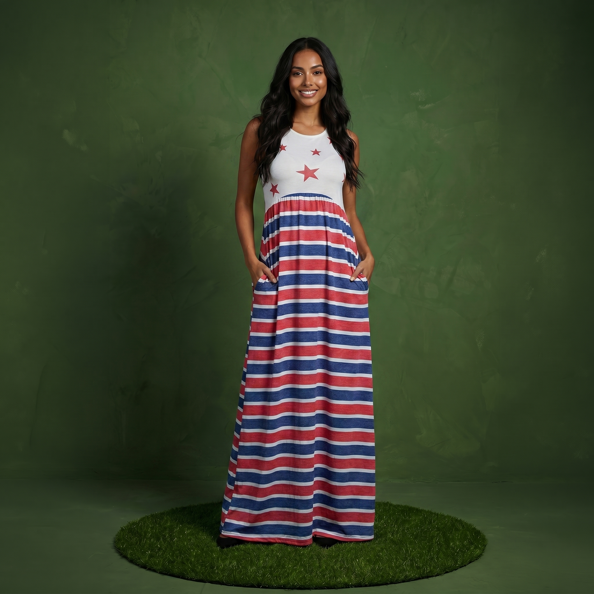 4th of July American Flag Dress Sleeveless Stars Stripes Summer Maxi Dress with Pockets