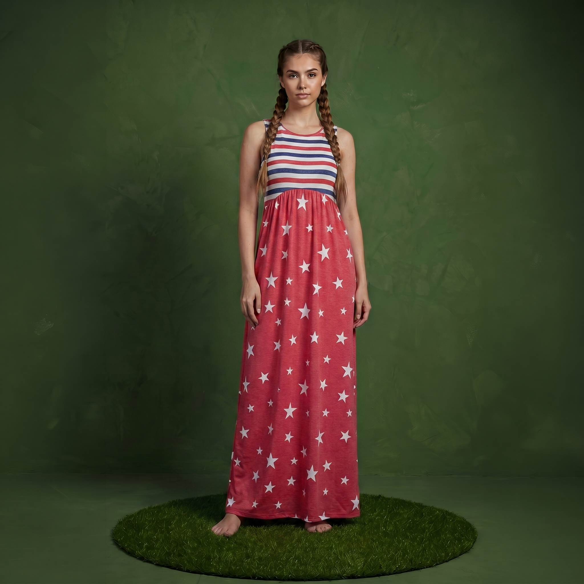 4th of July American Flag Dress Sleeveless Stars Stripes Summer Maxi Dress with Pockets