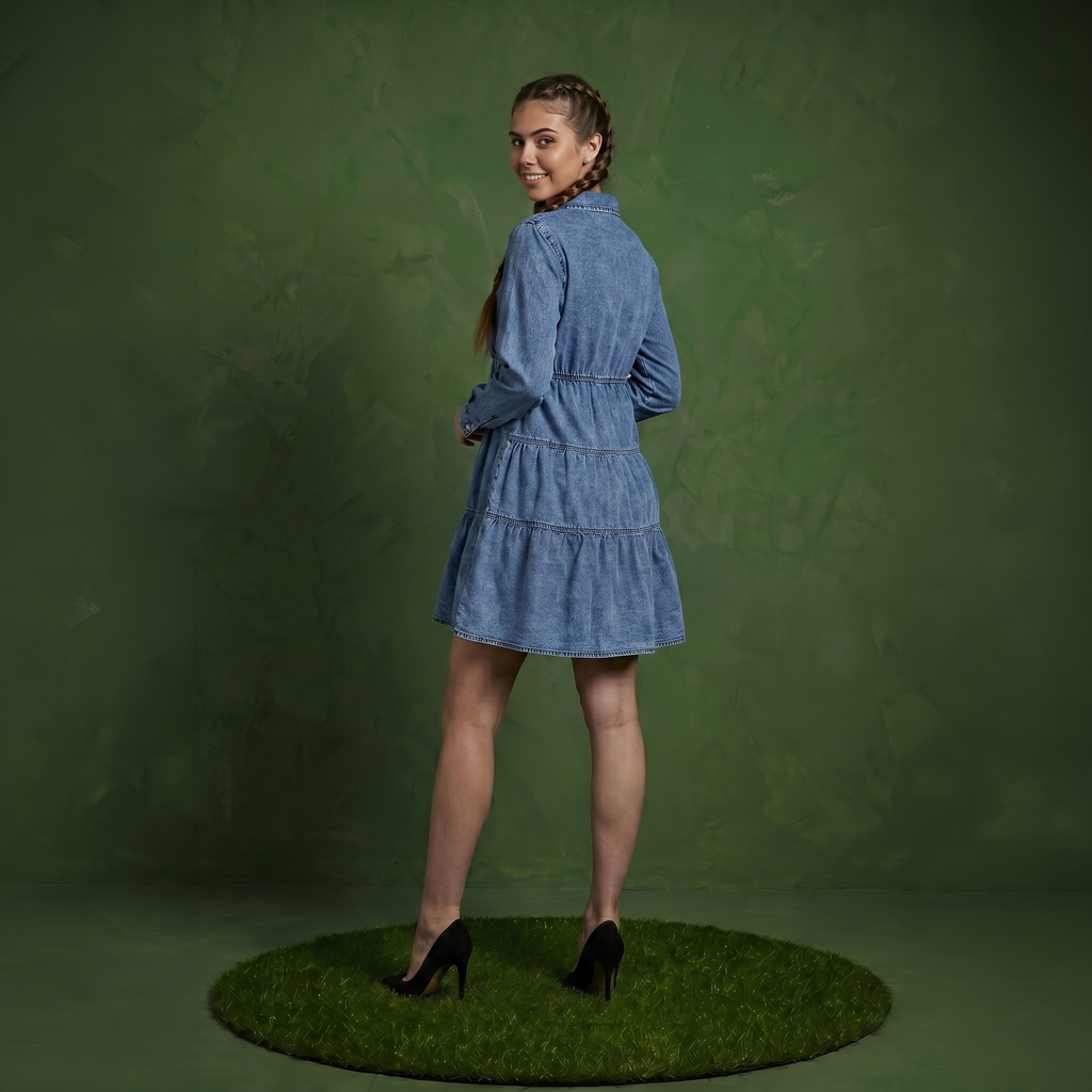 Button-Down Tiered Denim Shirt Dress