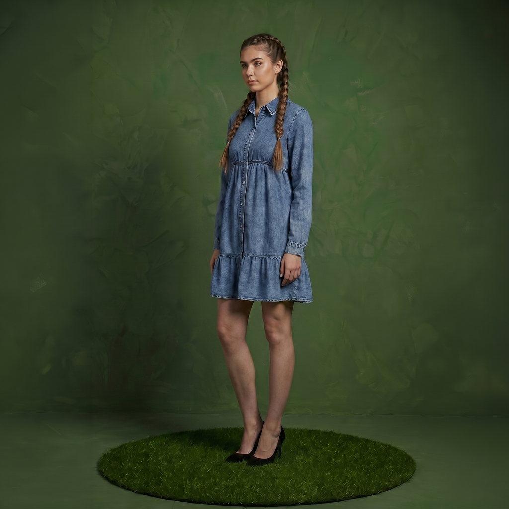 Button-Down Tiered Denim Shirt Dress