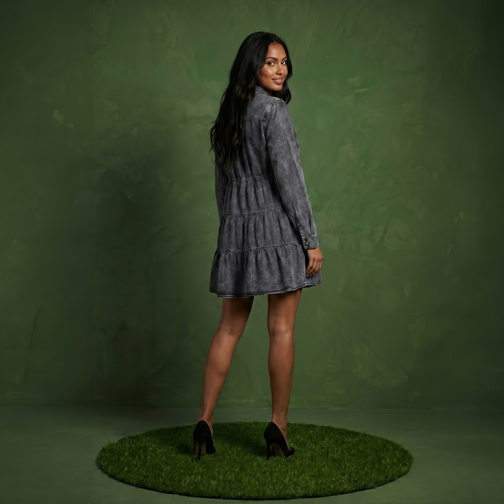 Button-Down Tiered Denim Shirt Dress
