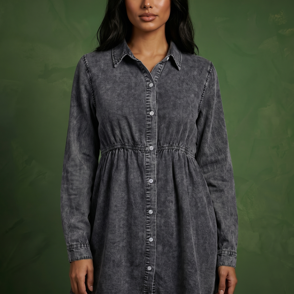 Button-Down Tiered Denim Shirt Dress