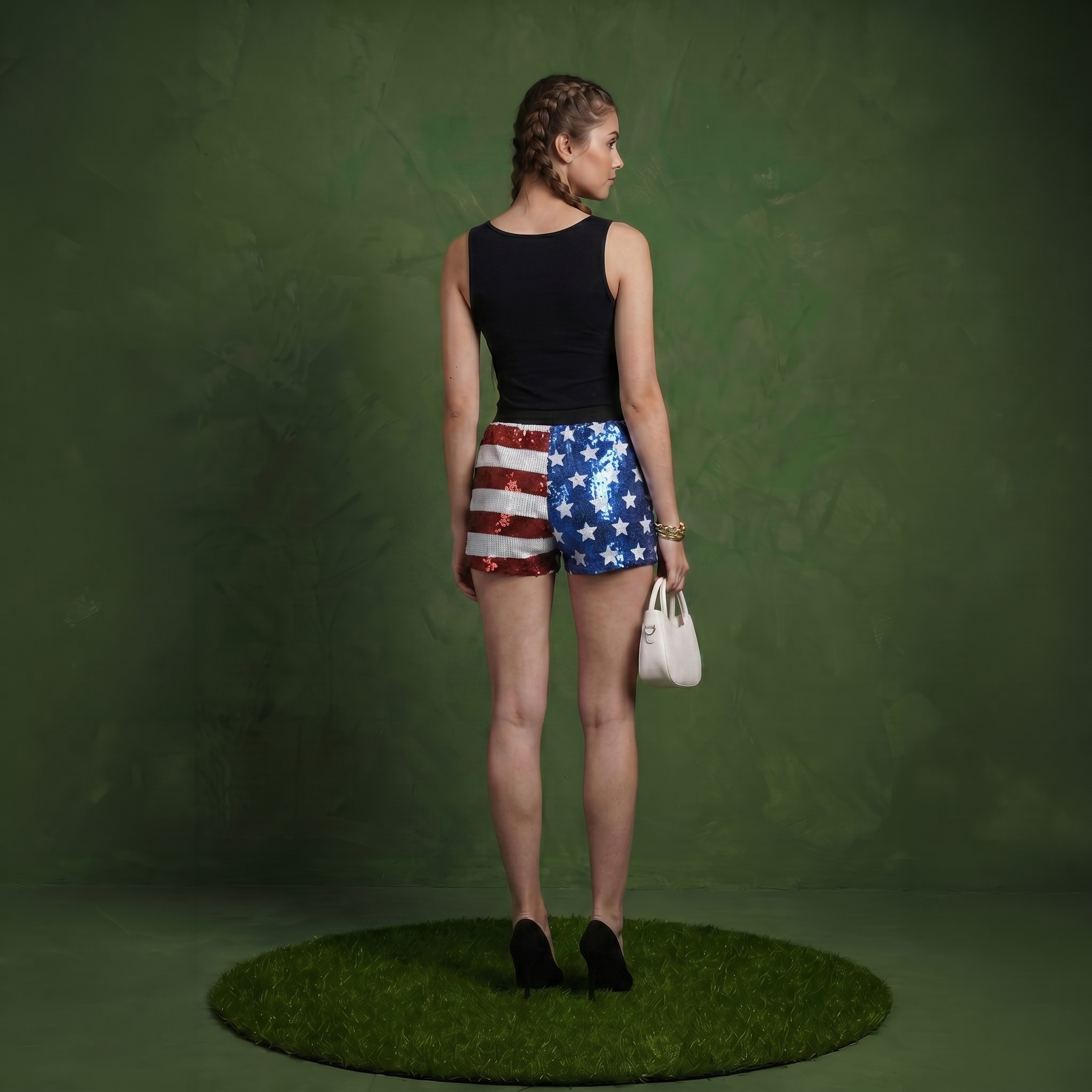 Anna-Kaci Women's Mid Rise July 4th USA Flag Star Stripes Sparkly Sequin Shorts