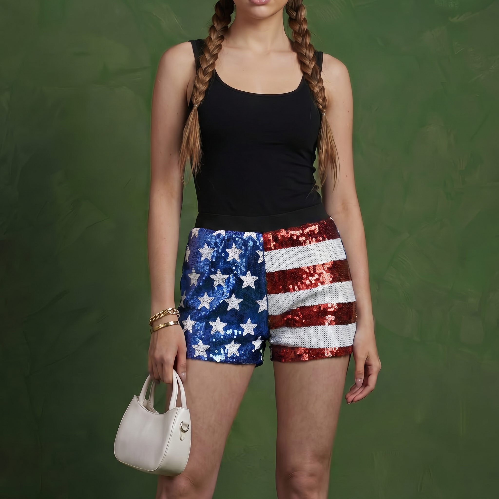 Anna-Kaci Women's Mid Rise July 4th USA Flag Star Stripes Sparkly Sequin Shorts