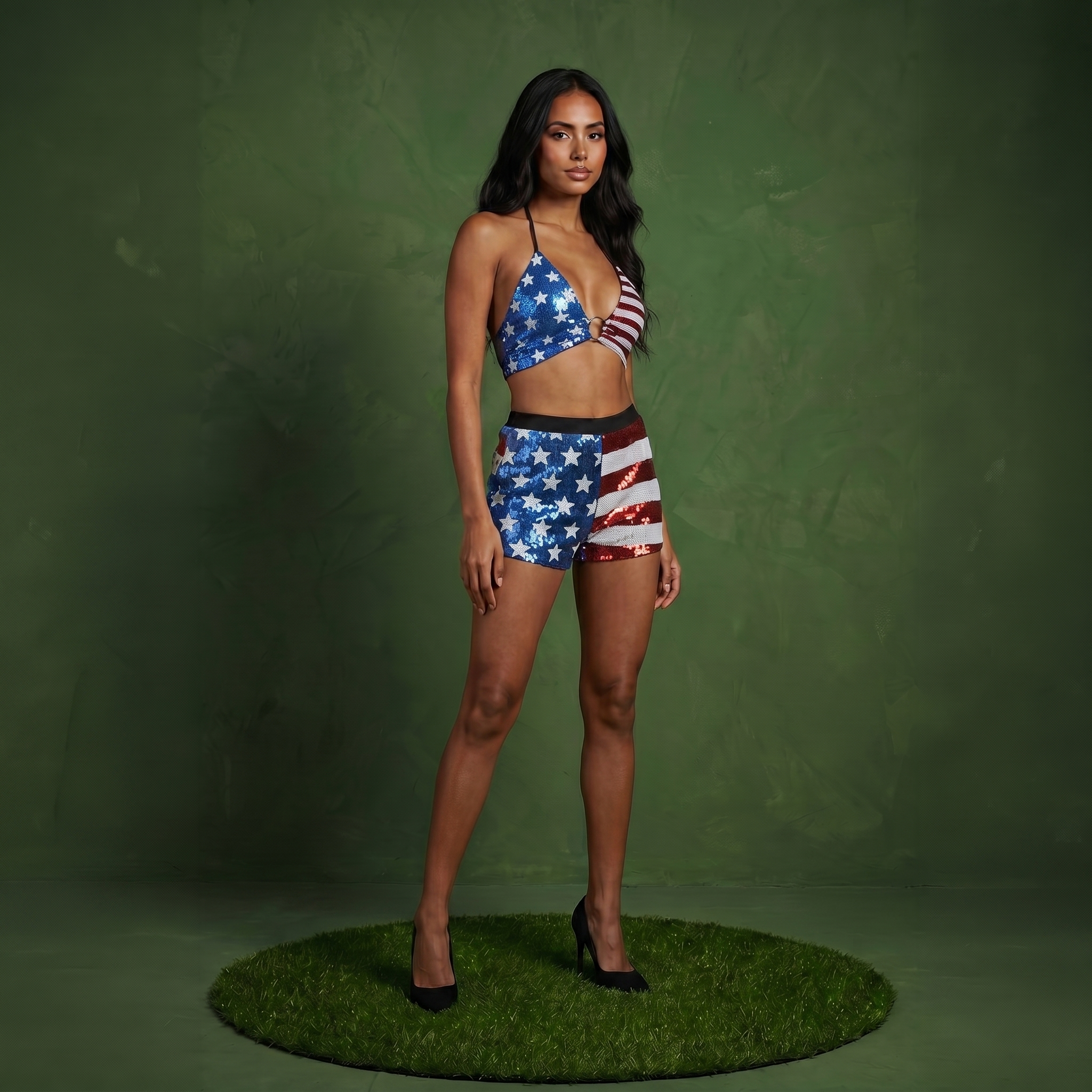 Anna-Kaci Womens 2 Piece July 4th Bikini Set USA Flag Sparkly Sequin Halter Top Shorts Sets