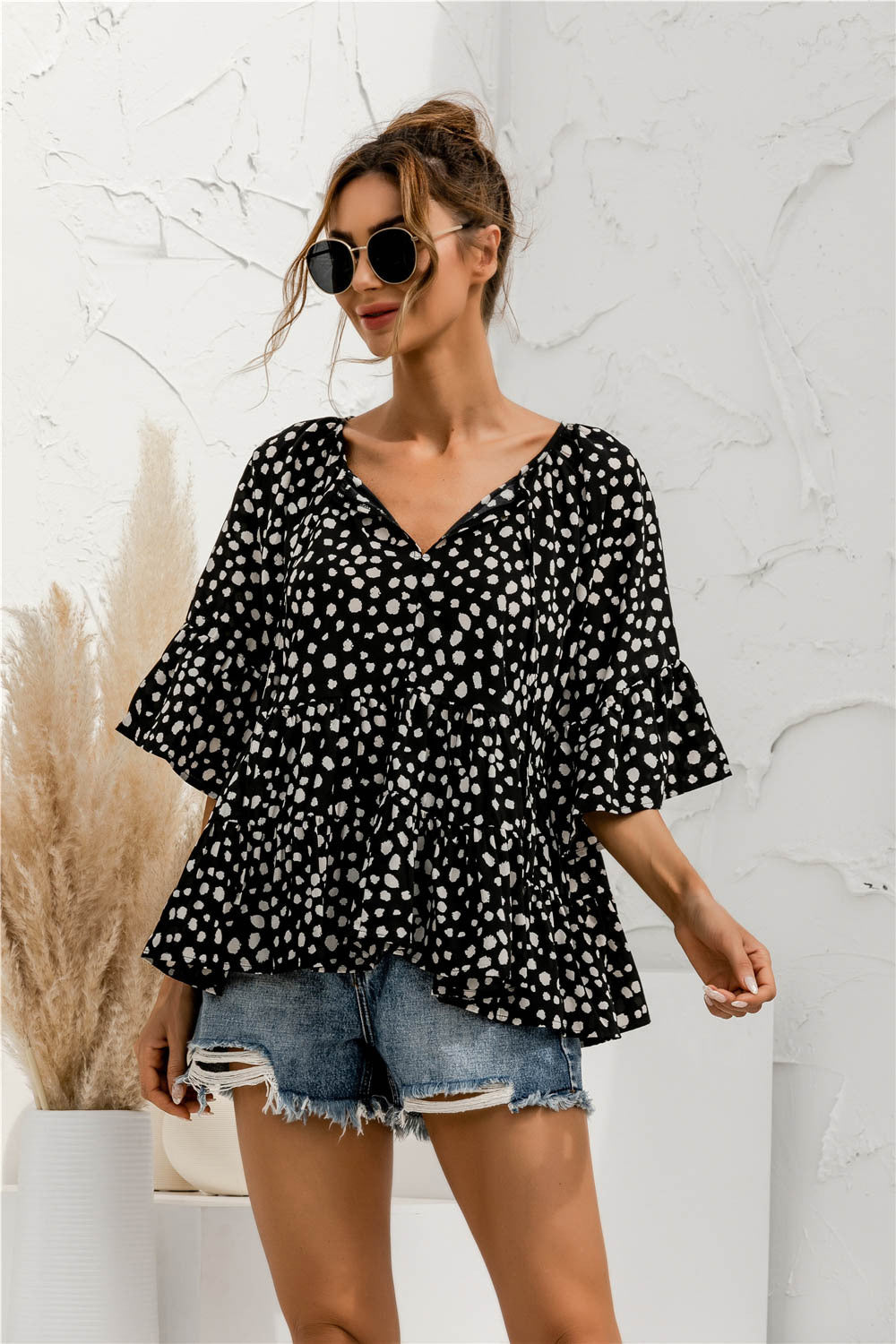Ruffle Flared Dot Blouse