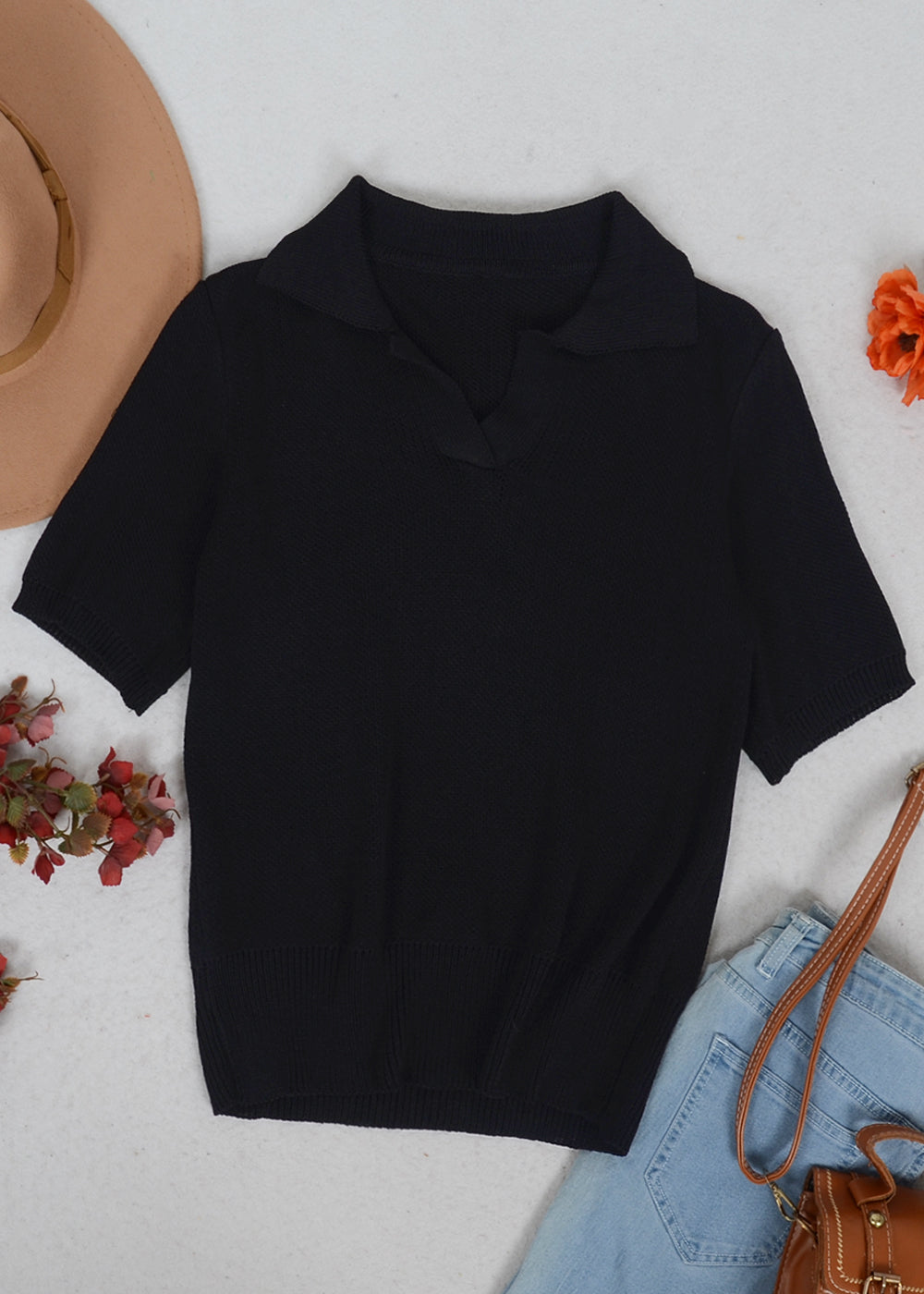 V Neck Knit Collared Shirt