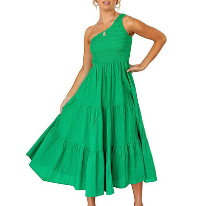 Vestido largo de verano para mujer de Anna-Kaci, estilo bohemio, con un hombro al descubierto, sin mangas, fruncido, holgado, con capas, para fiesta en la playa 